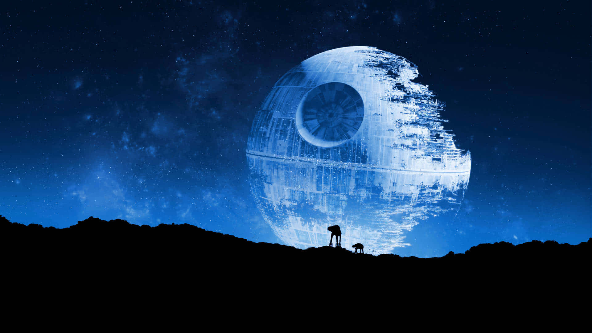 Death Star, silhouetted landscape, starry blue night sky, Full HD Desktop Wallpaper