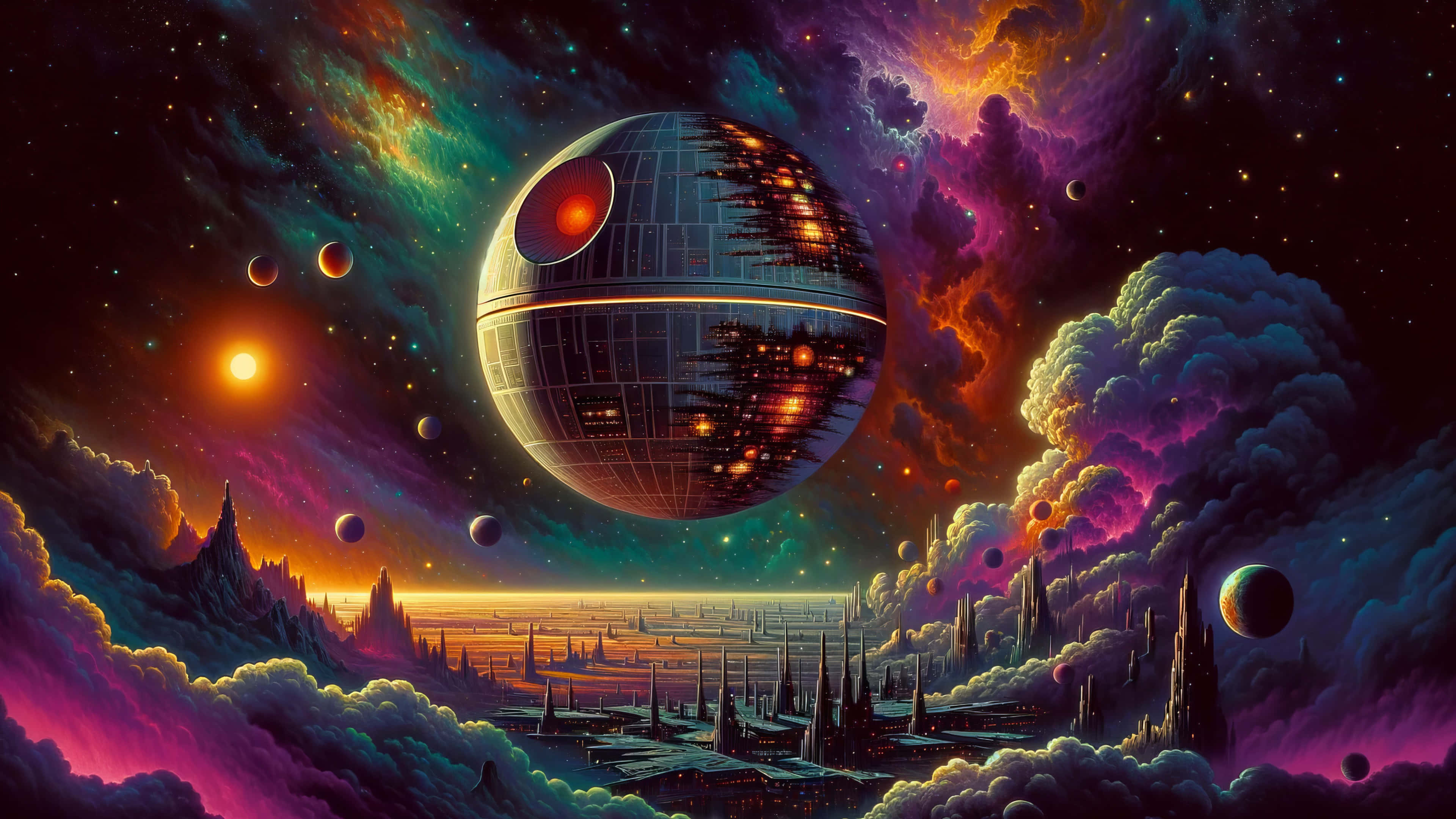 Death Star, futuristic city, surreal cosmic landscape, 4K Desktop Wallpaper