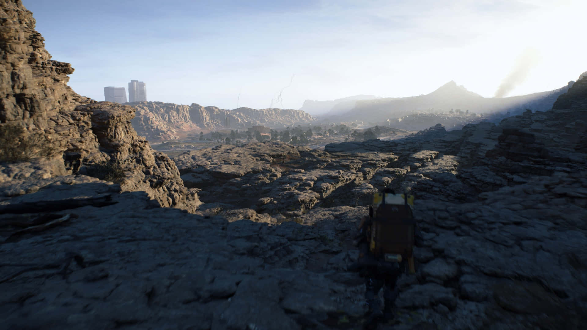 Death Stranding 2, cracked volcanic landscape, hazy sky, Full HD Desktop Wallpaper