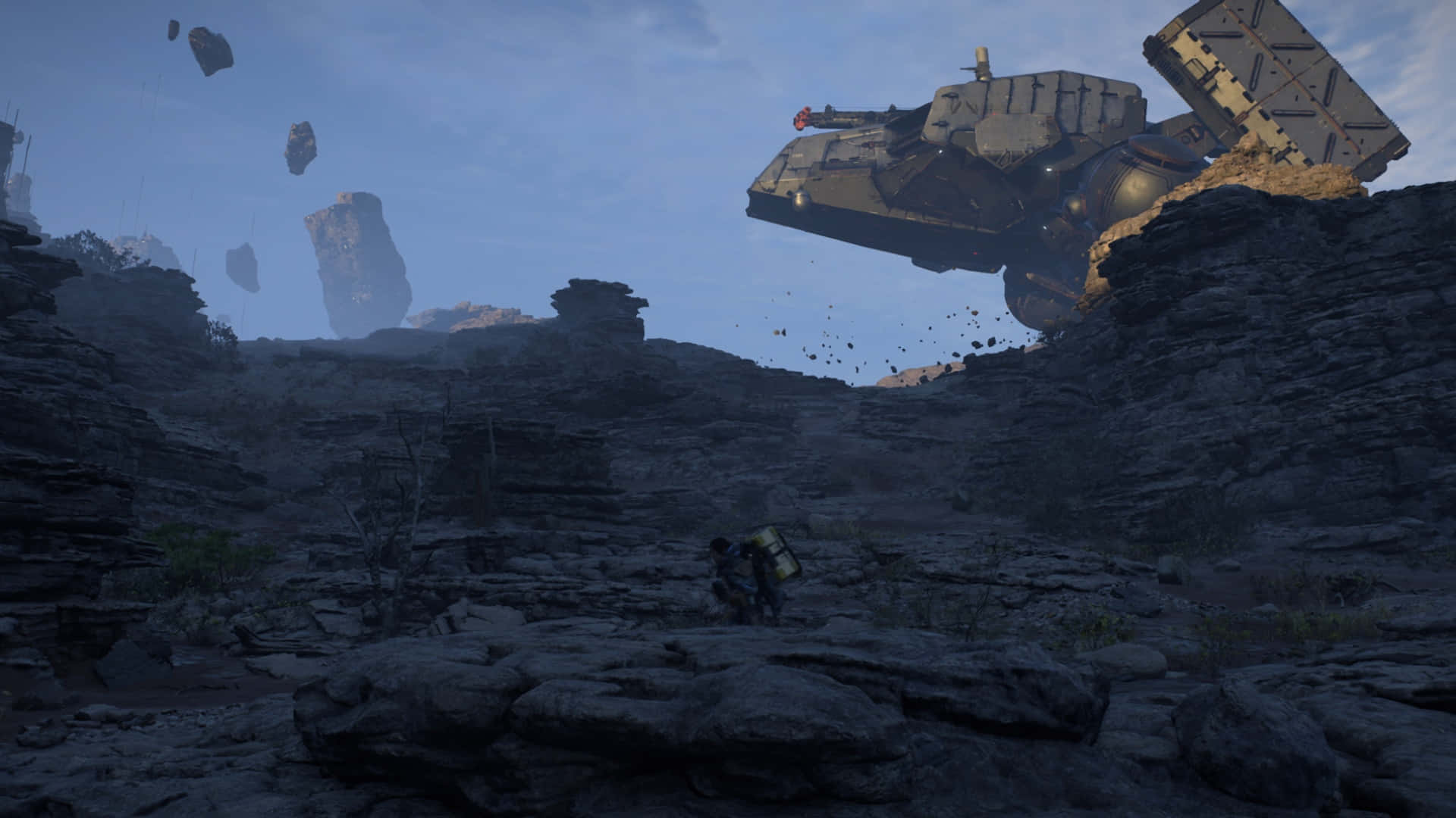 Death Stranding 2, rocky terrain, massive crashed spaceship, Full HD Desktop Wallpaper