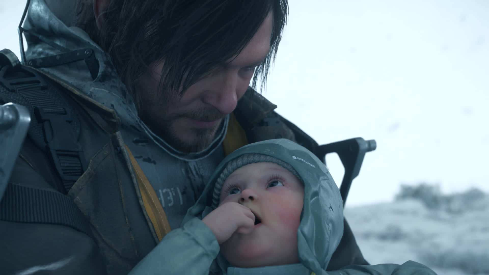 Death Stranding 2, emotional father scene, tactical gear, Full HD Desktop Wallpaper