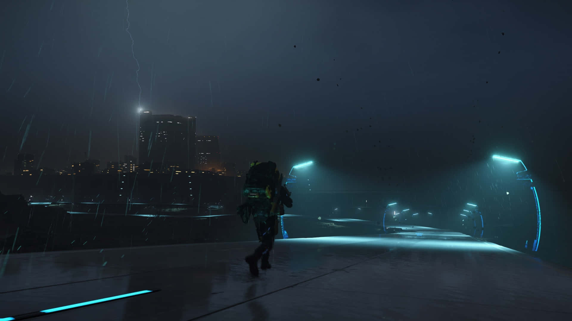 Death Stranding 2, night mission, neon-lit bridge, Full HD Desktop Wallpaper