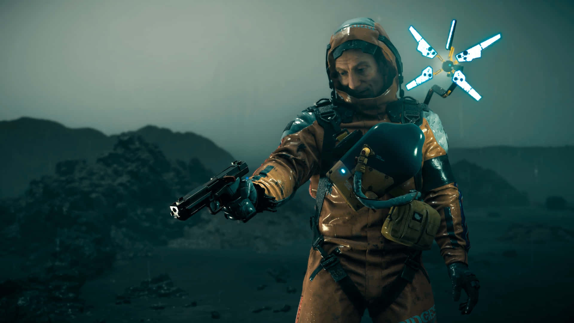 Death Stranding 2, brown space suit, glowing blue drone, Full HD Desktop Wallpaper