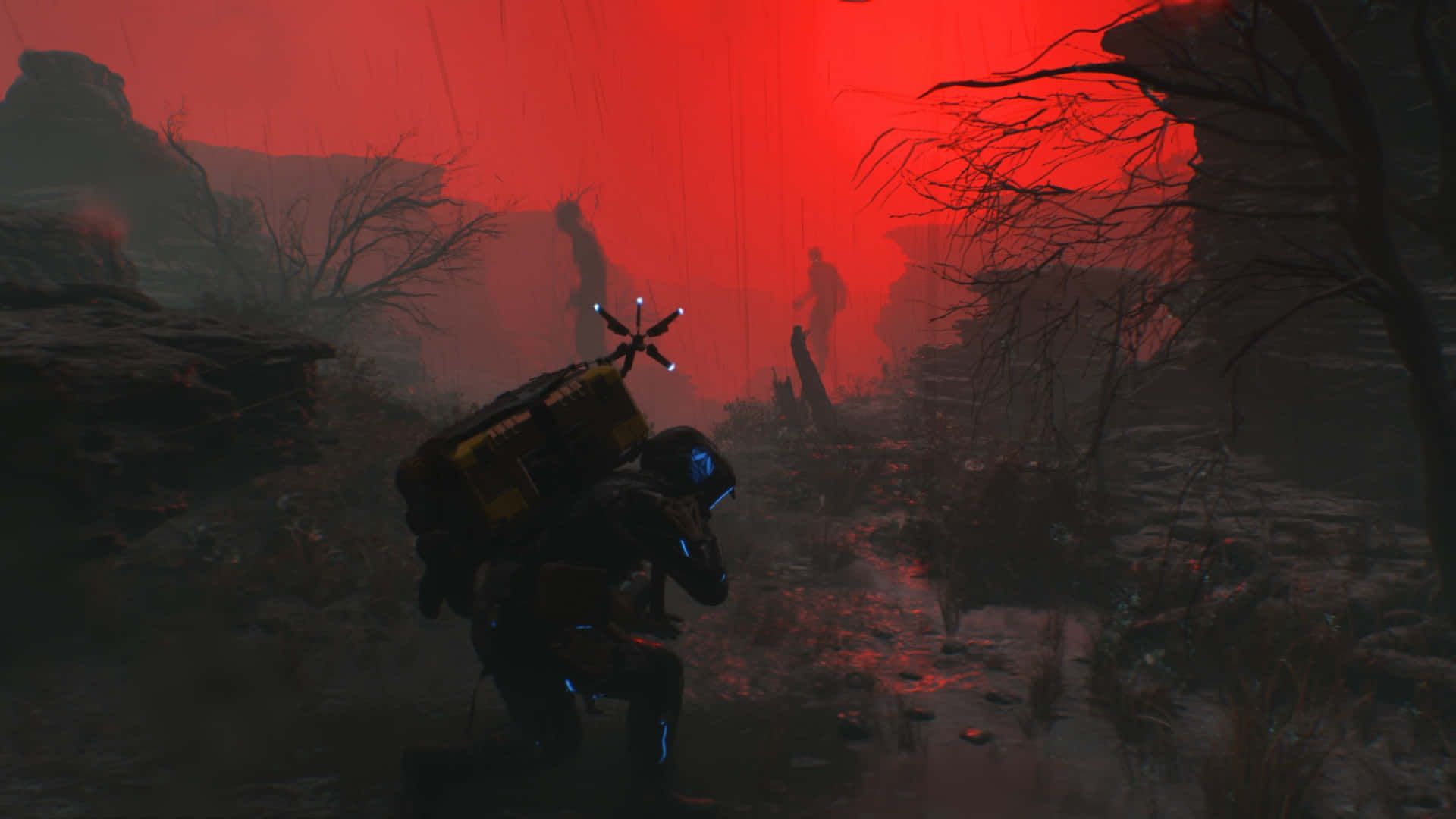Death Stranding 2, dark red landscape, glowing blue accents, Full HD Desktop Wallpaper