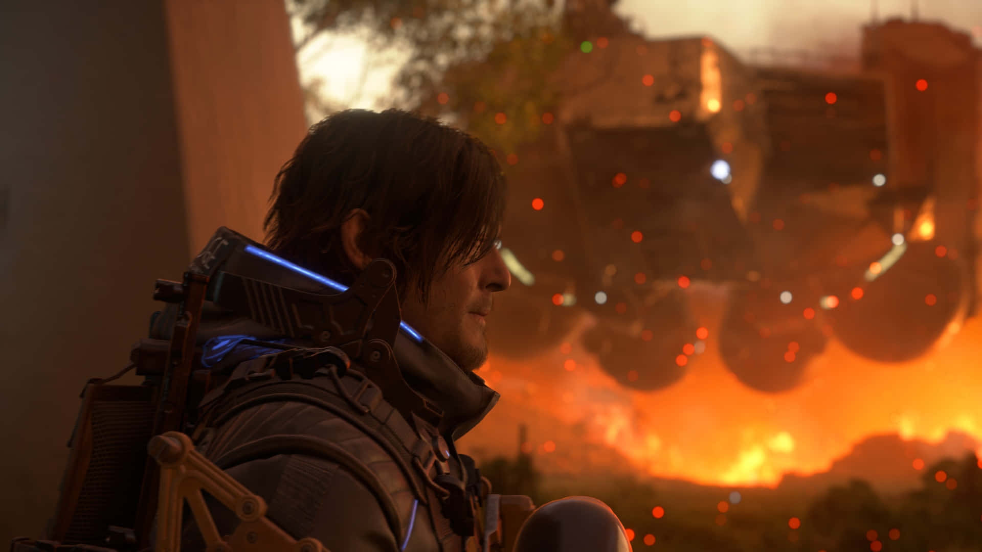 Death Stranding 2, futuristic armor, fiery explosion, Full HD Desktop Wallpaper