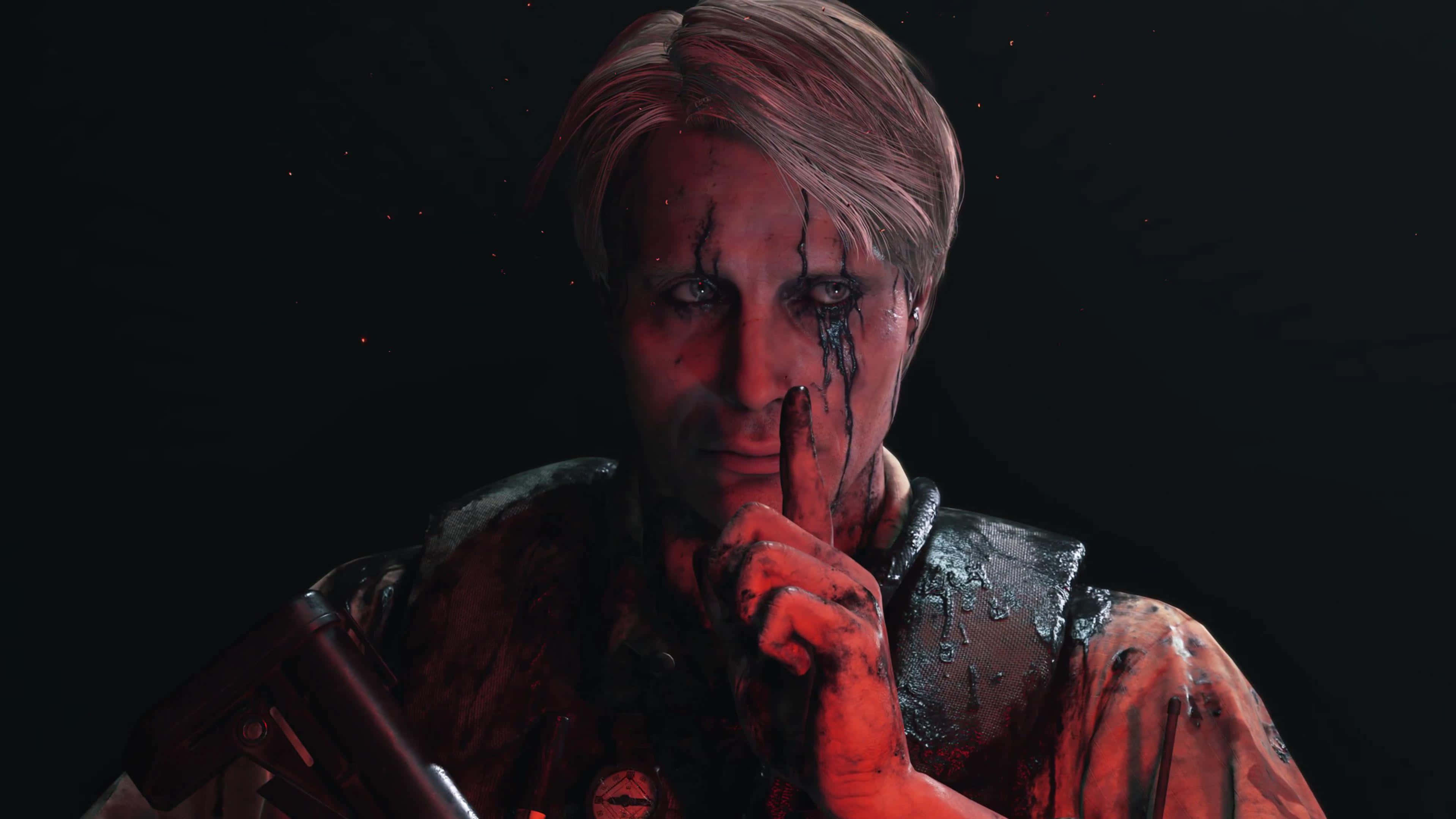Death Stranding, bloodied man, finger to lips, 2K Desktop Wallpaper