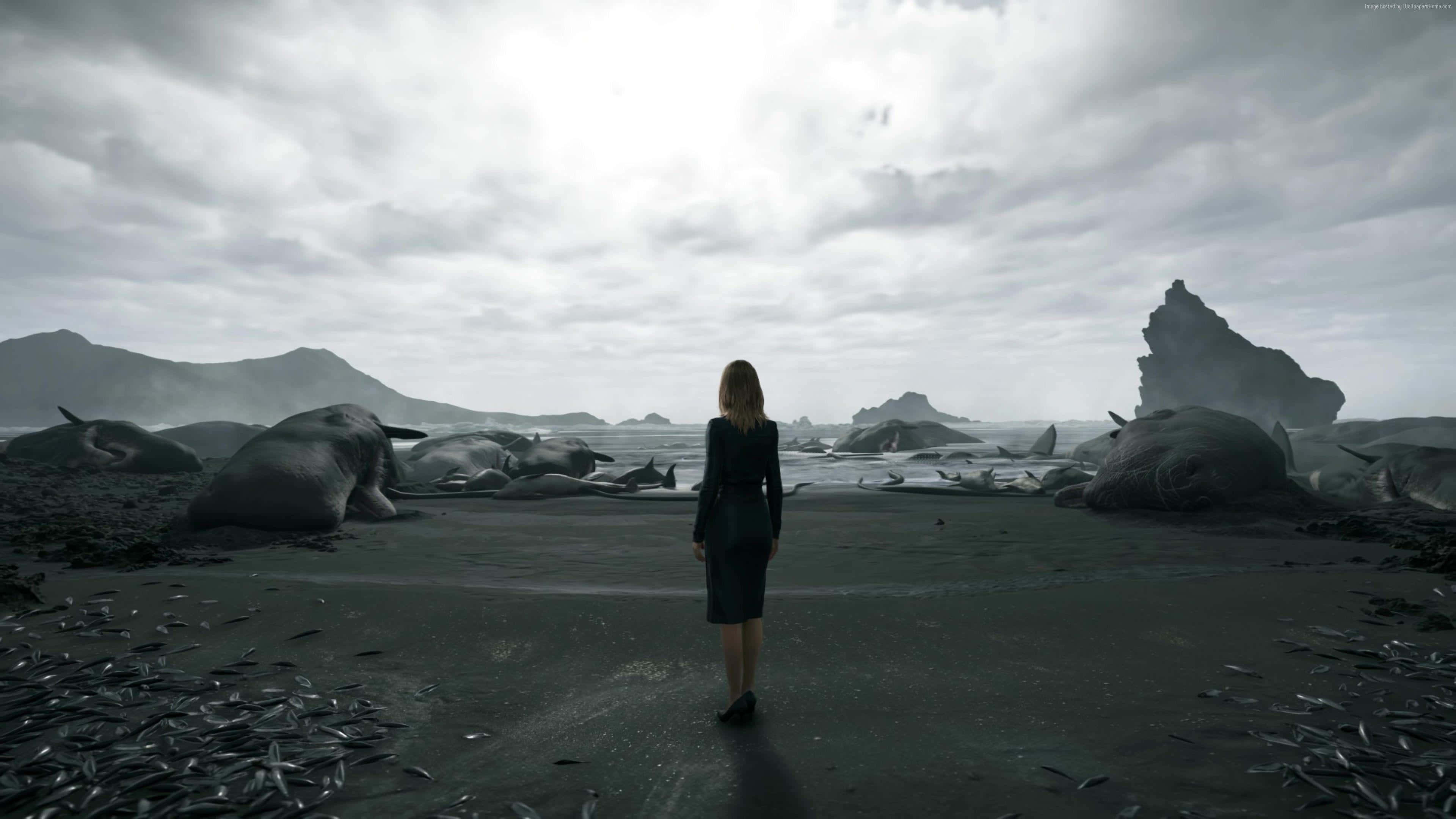 Death Stranding, woman, black sand beach, 4K Desktop Wallpaper