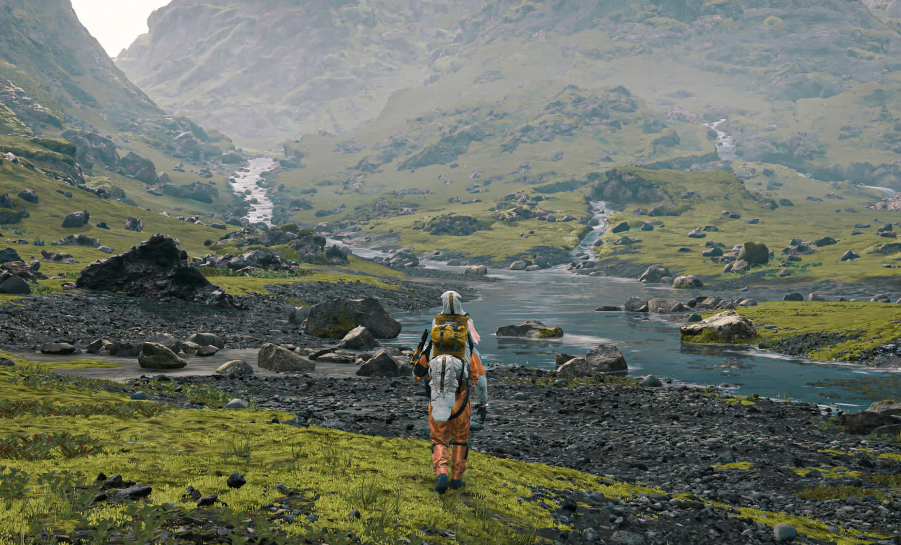 Death Stranding, lone hiker, colorful backpack, HD Desktop Wallpaper
