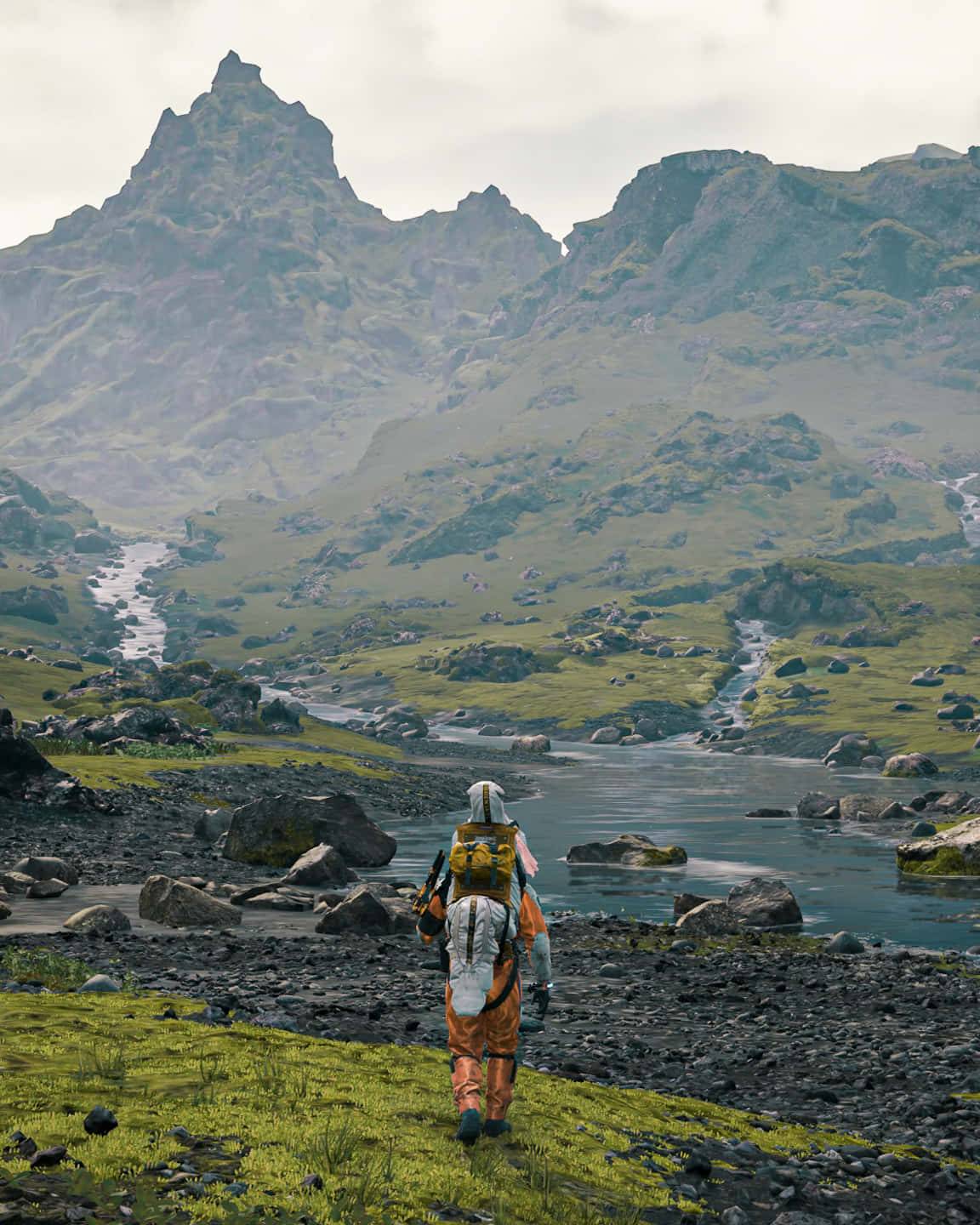Death Stranding, yellow backpack, mossy riverbank, HD Phone Wallpaper