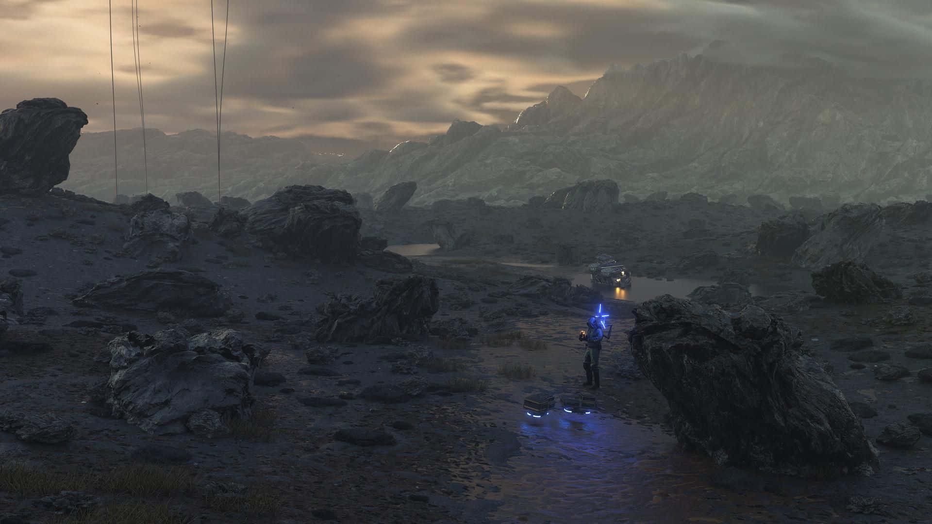 Death Stranding HD, glowing blue gear, desolate rocky landscape, Full HD Desktop Wallpaper