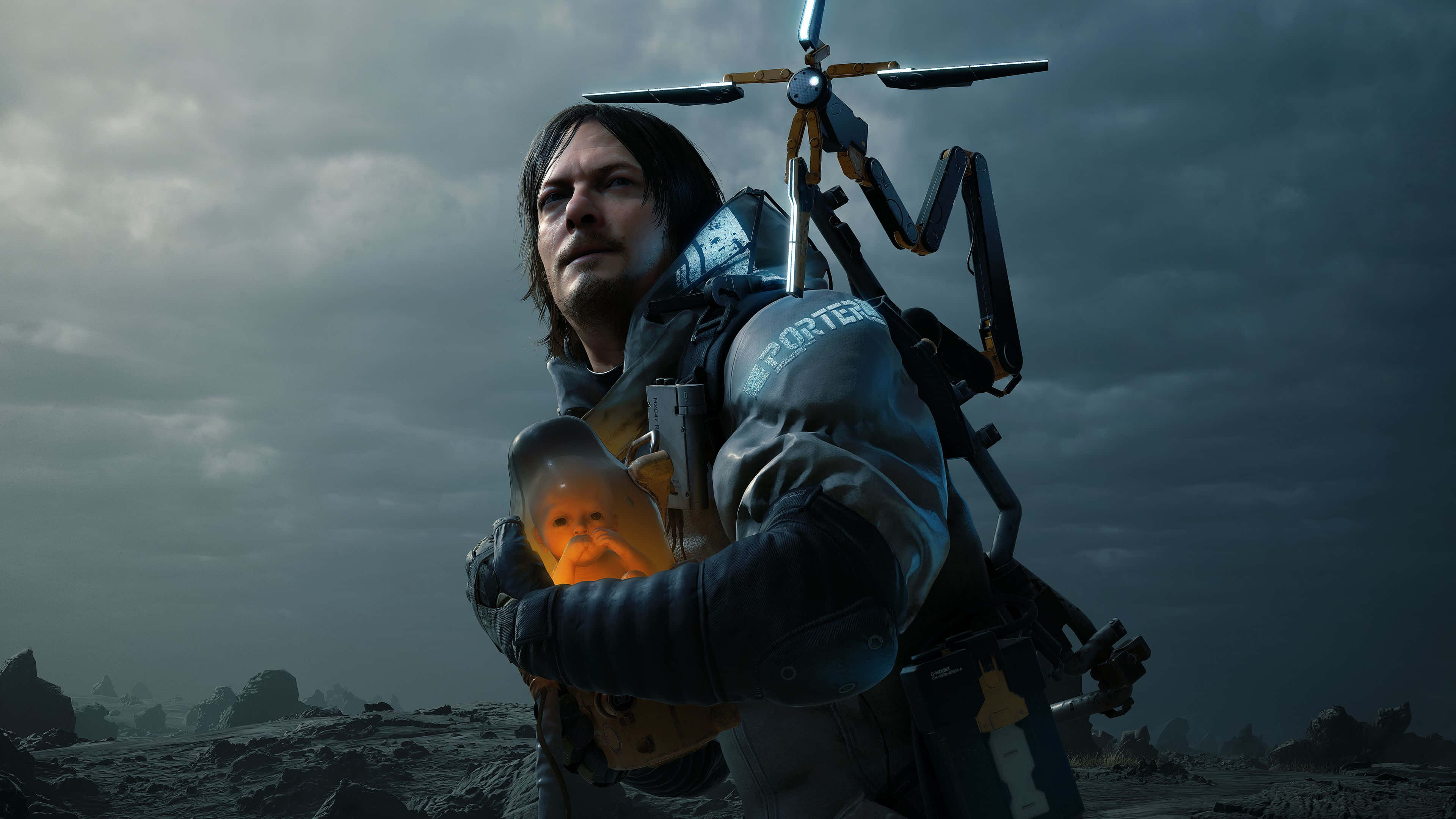 Death Stranding HD, futuristic gear, glowing helmet, 4K Desktop Wallpaper