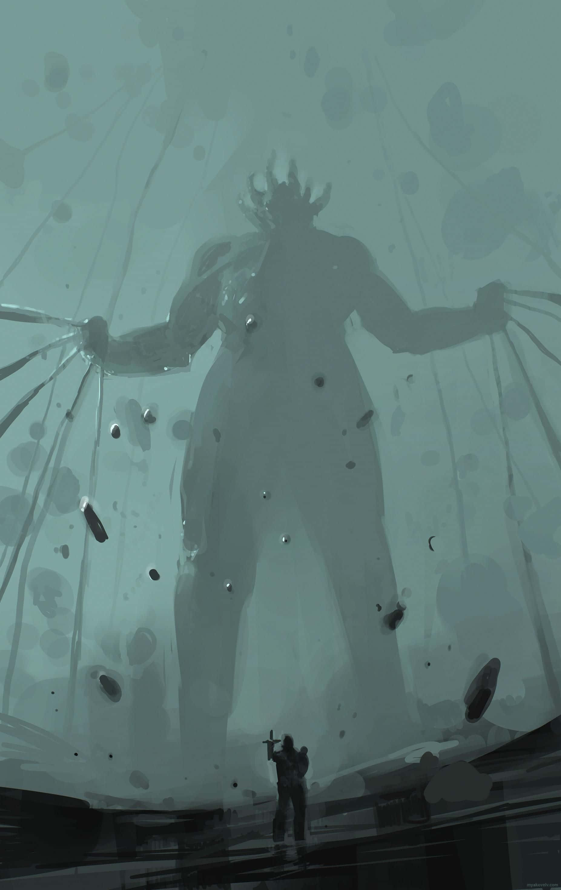 Death Stranding Mobile, lone warrior, colossal shadowy figure, 2K Phone Wallpaper