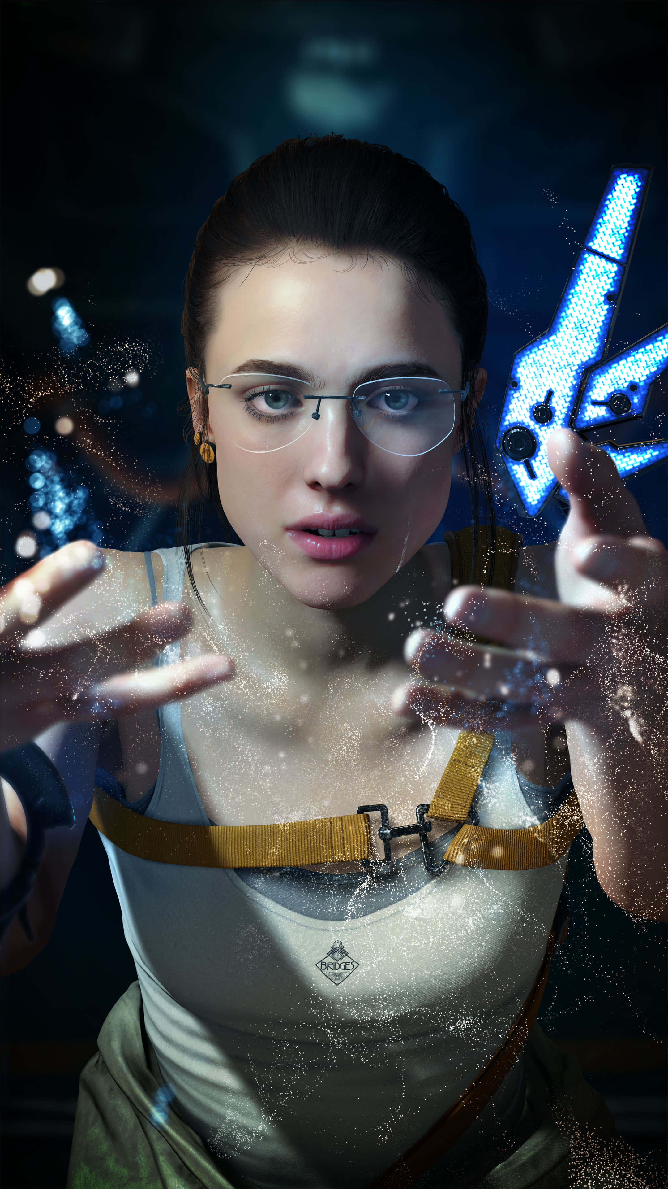 Death Stranding Mobile, glowing blue digital particles, futuristic weapon, 4K Phone Wallpaper