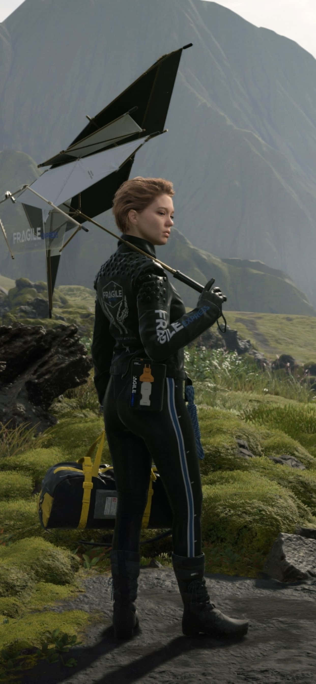 Death Stranding Mobile, woman in black gear, mossy mountain valley, 2K Phone Wallpaper