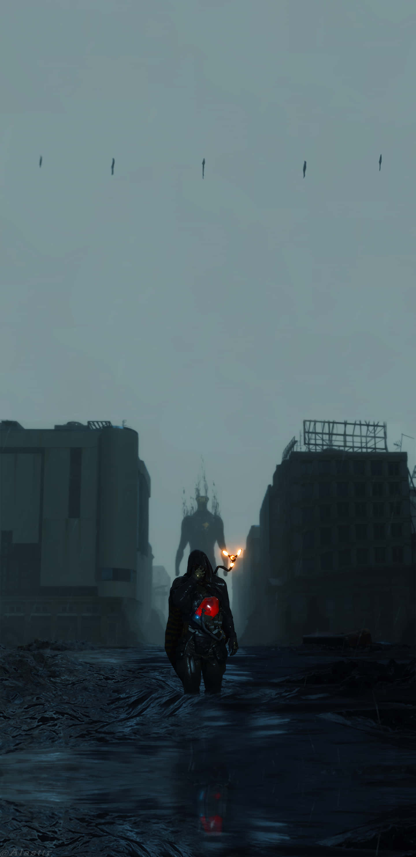 Death Stranding Mobile, armored figure, ruined cityscape, 2K Phone Wallpaper