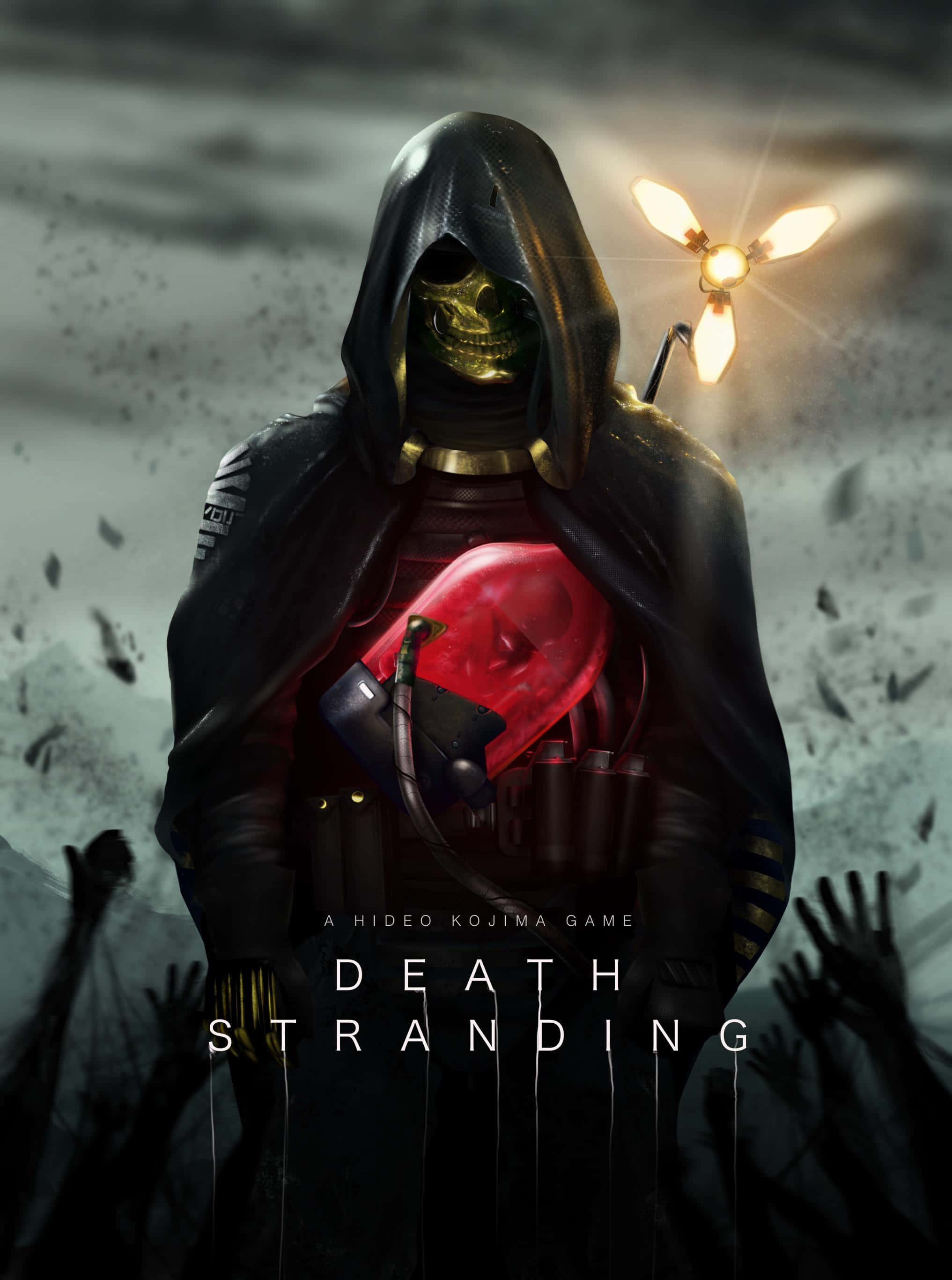 Death Stranding, glowing skull mask, red chest unit, 2K Phone Wallpaper