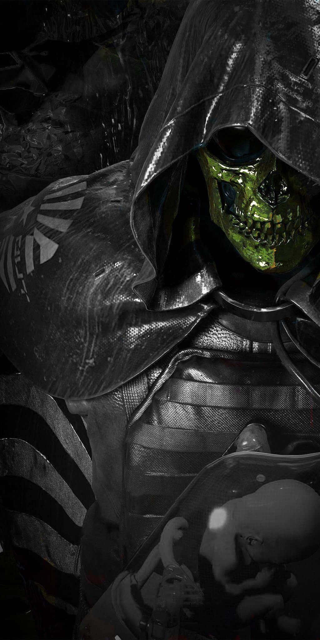 Death Stranding Phone, glowing green skull face, hooded figure, Full HD Phone Wallpaper