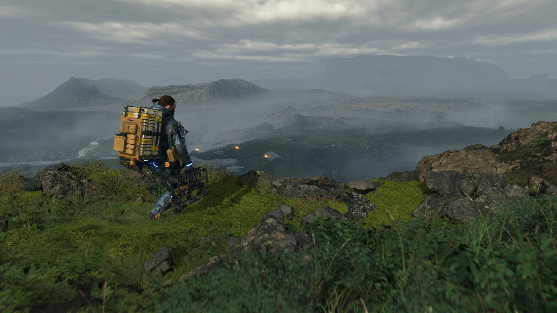 Death Stranding, mossy cliff, misty volcanic valley, Full HD Desktop Wallpaper