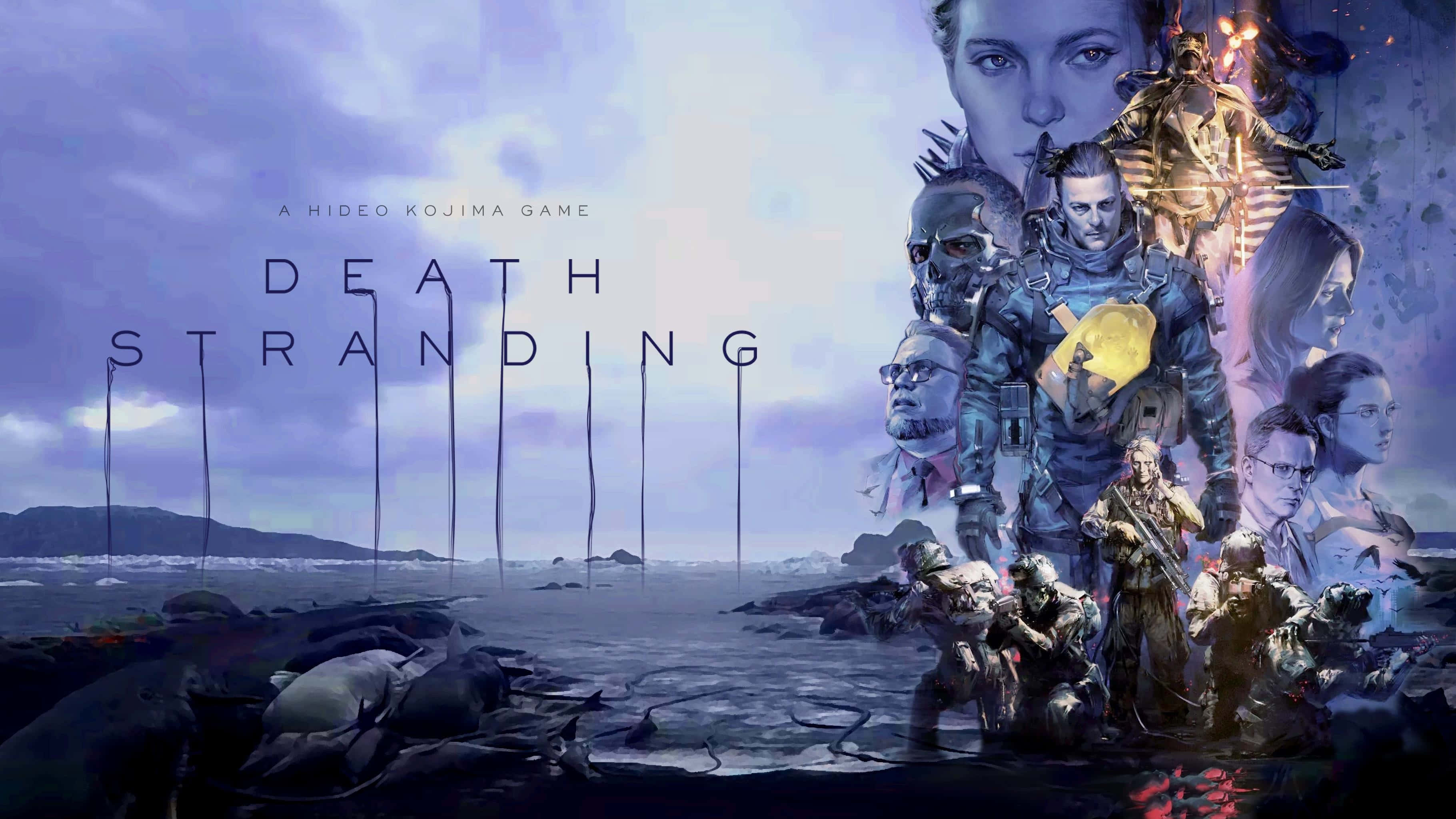 Death Stranding, desolate rocky shore, moody purple sky, 2K Desktop Wallpaper