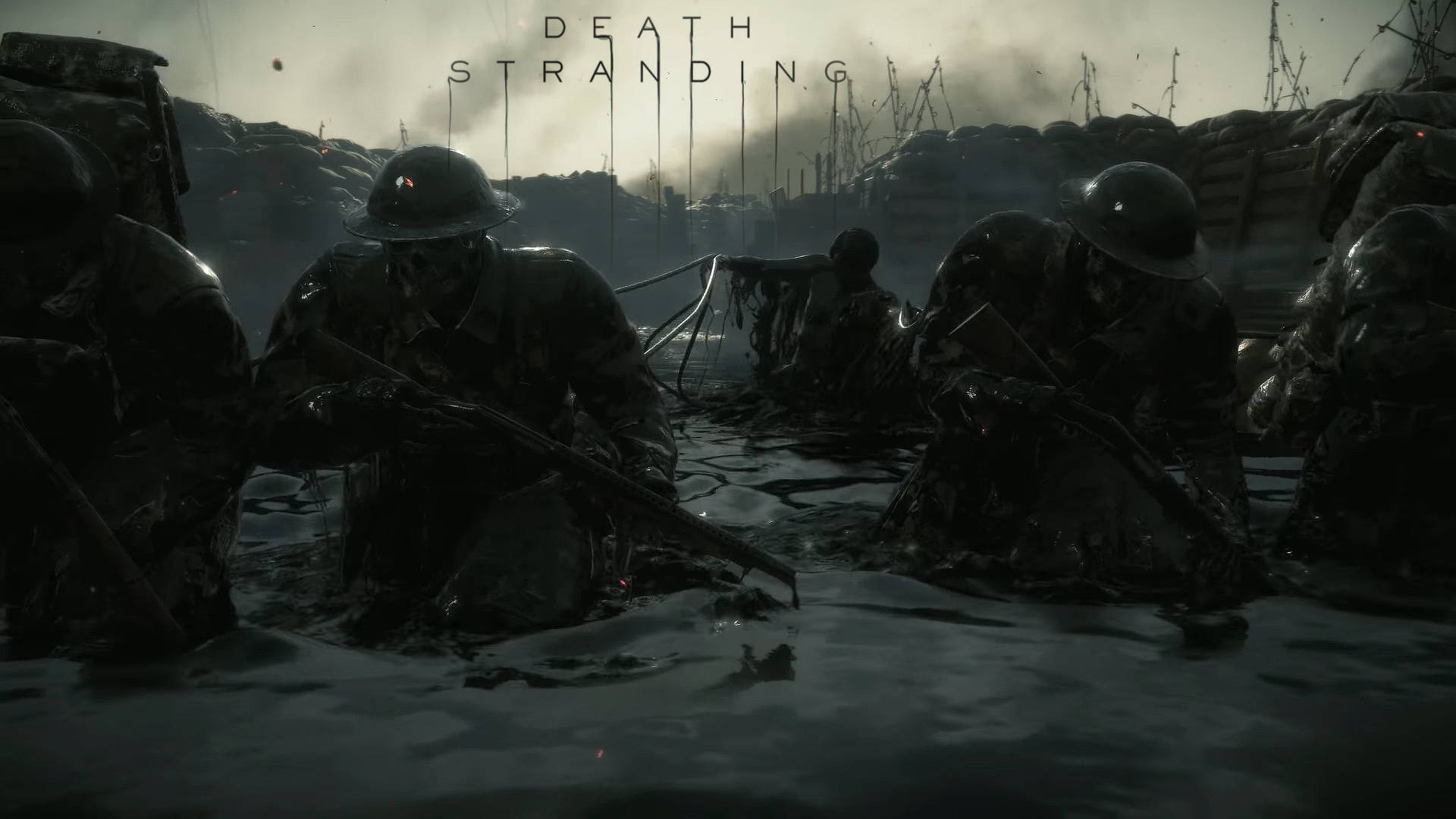 Death Stranding, soldiers in helmets, murky water, Full HD Desktop Wallpaper