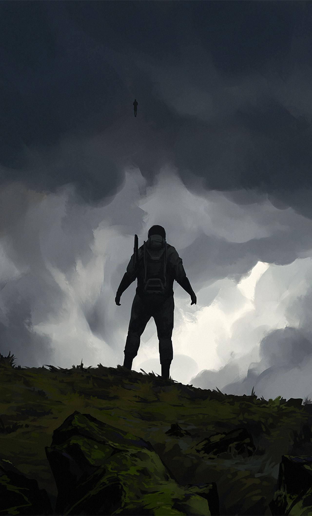 Death Stranding, silhouetted man, grassy hill, Full HD Phone Wallpaper