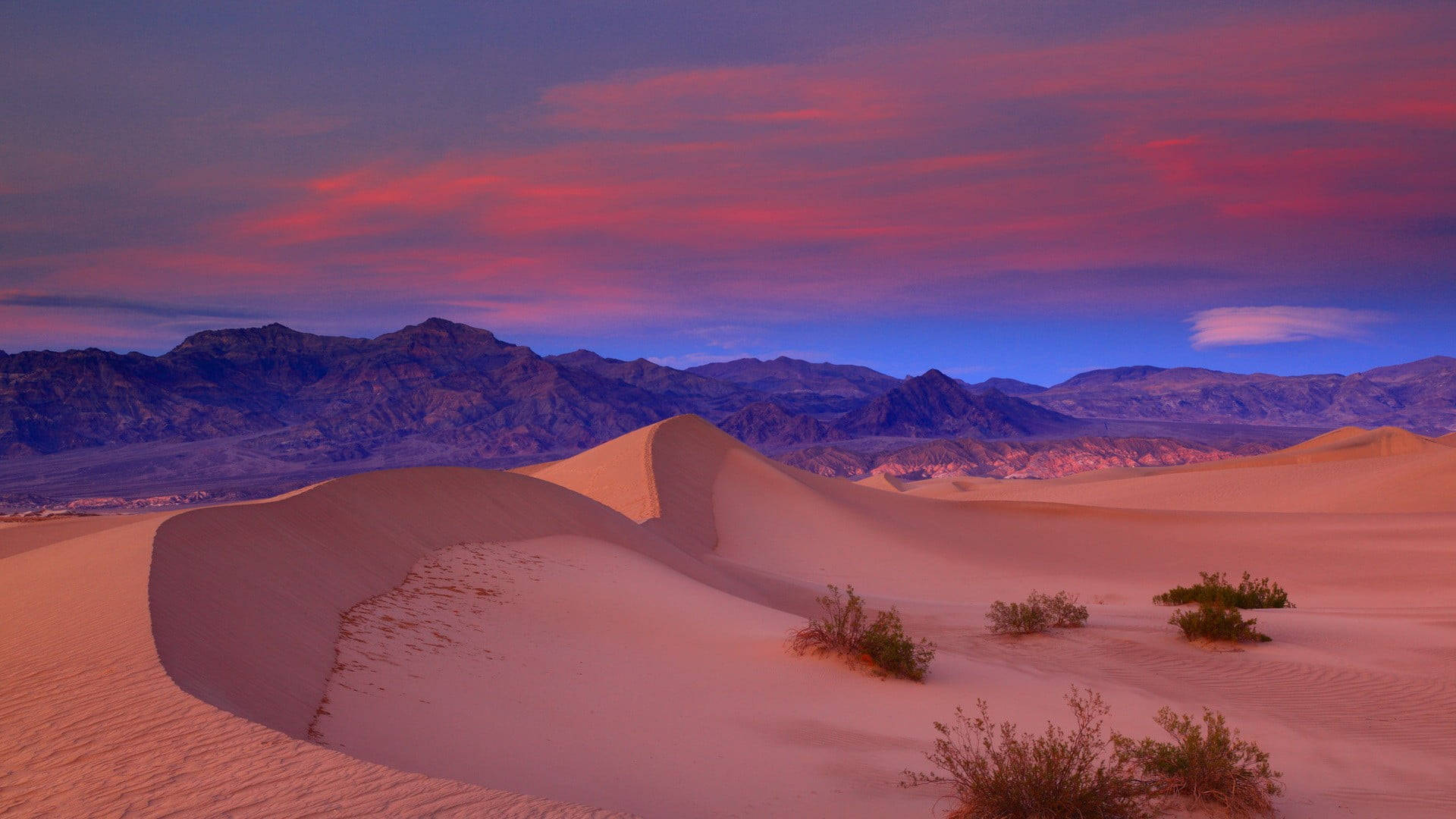 Death Valley, desert dunes, pink and purple sunset sky, Full HD Desktop Wallpaper