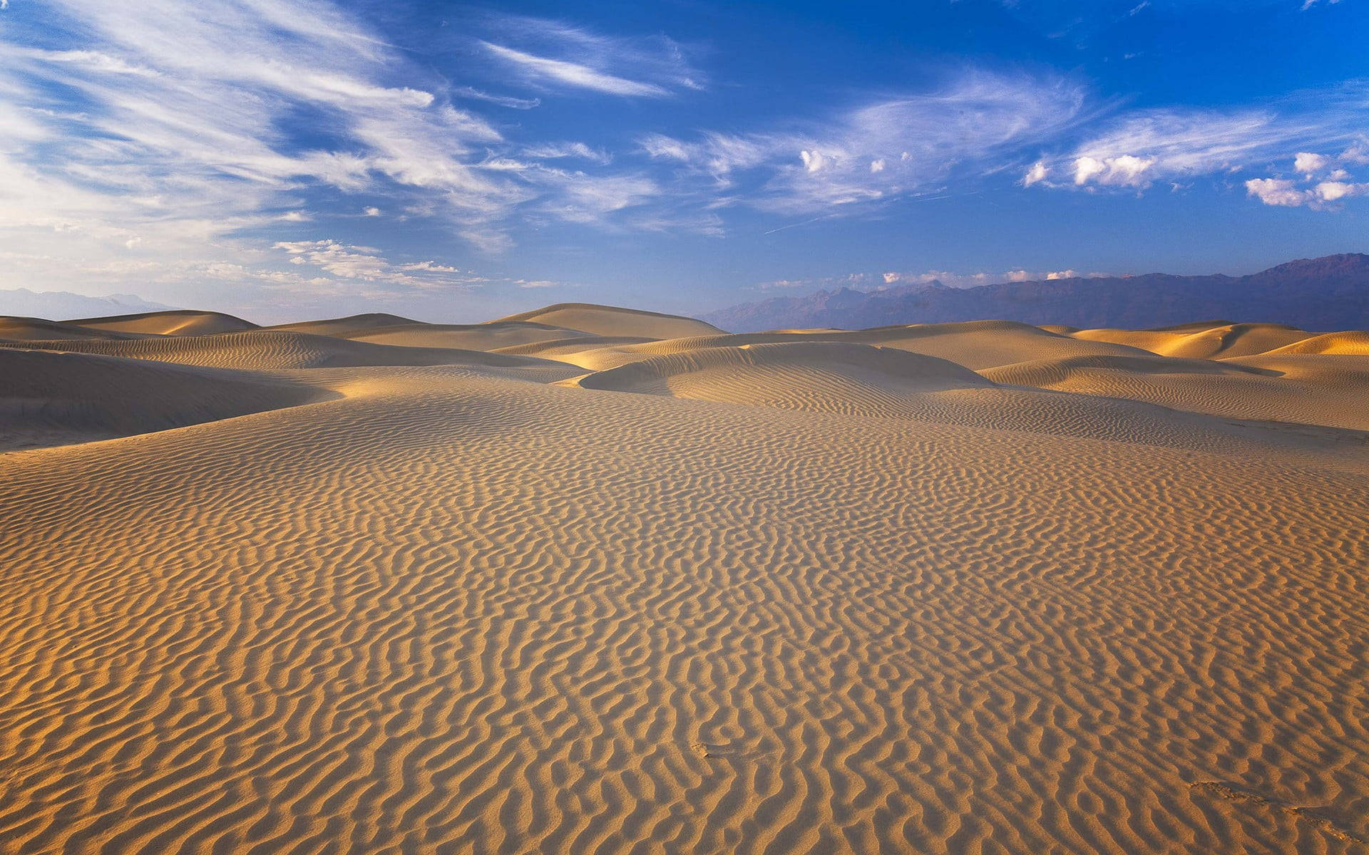 Death Valley, golden sand dunes, bright blue sky, Full HD Desktop Wallpaper