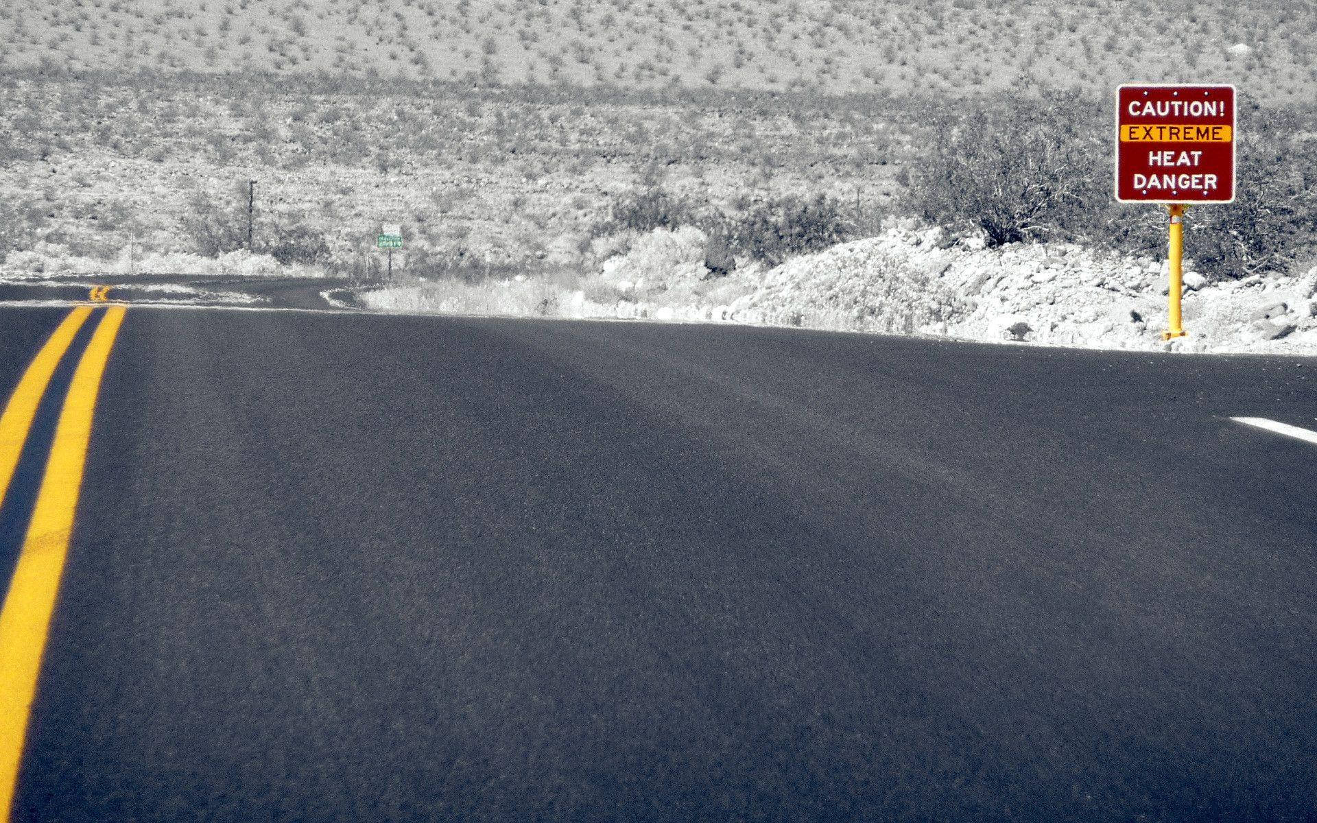 Death Valley, black highway road, red caution sign, Full HD Desktop Wallpaper