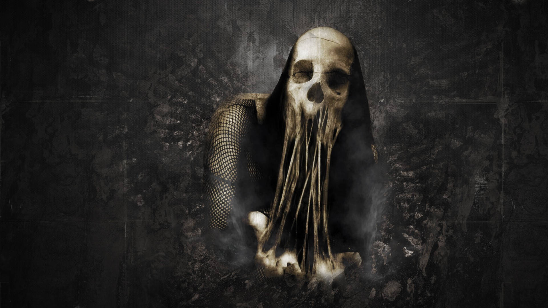 skull-faced figure, hooded mesh outfit, dark smoke, Full HD Desktop Wallpaper