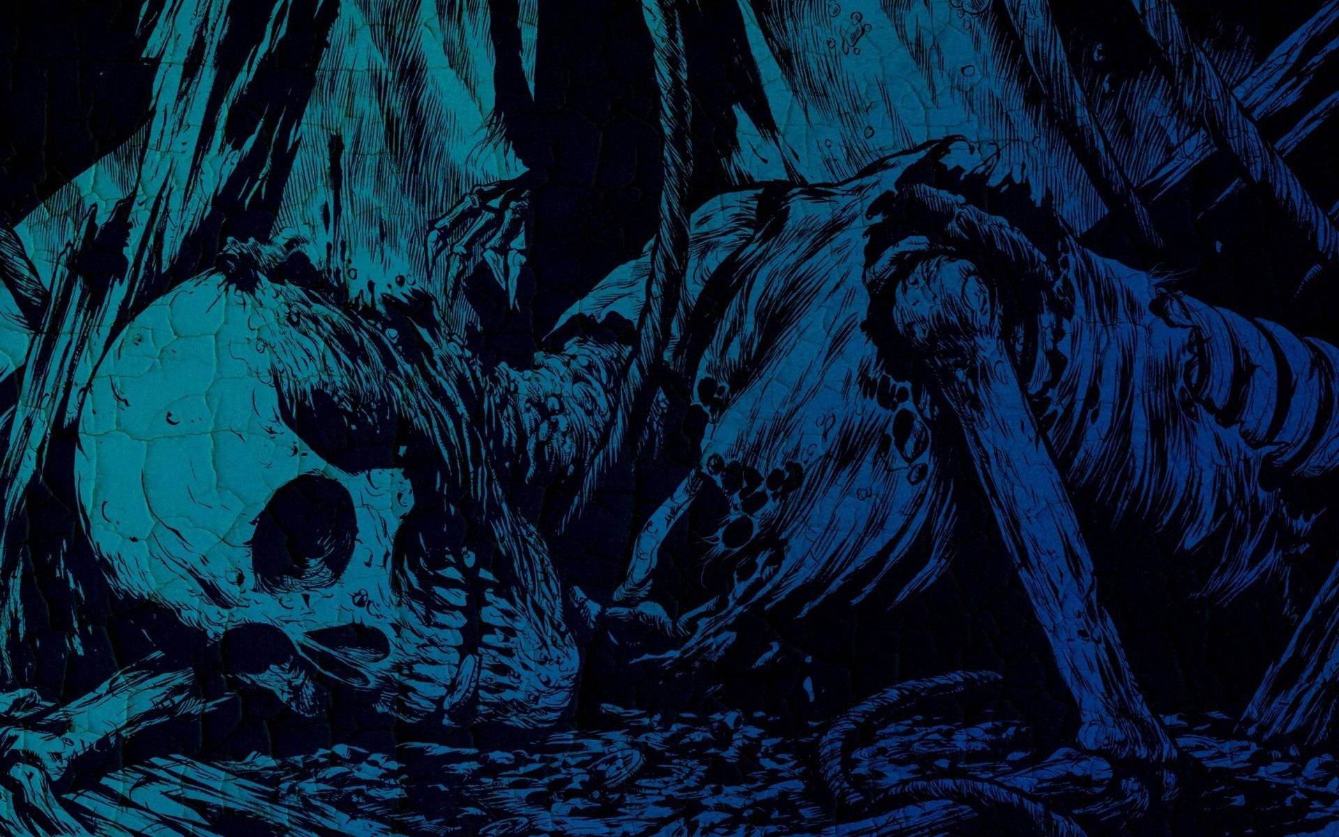 blue art of death, decaying skull, skeletal remains, Full HD Desktop Wallpaper