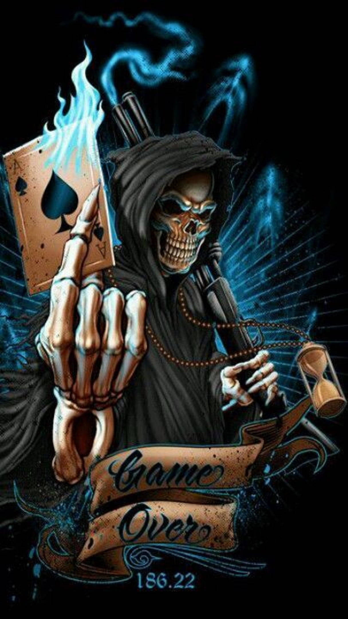grim reaper, flaming ace of spades, gun, Full HD Phone Wallpaper