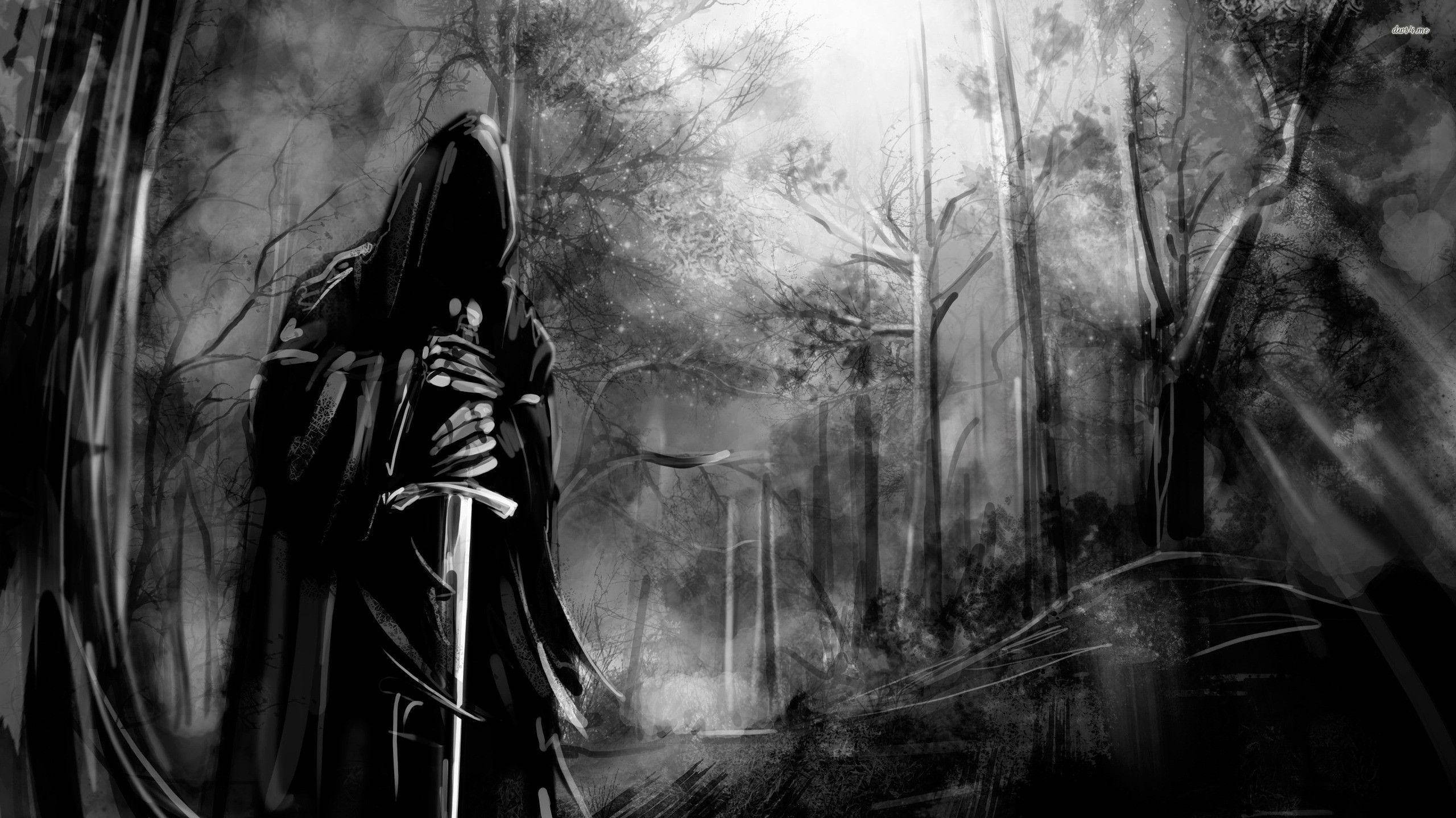 Death Forest Art, cloaked hooded figure, sword, 2K Desktop Wallpaper