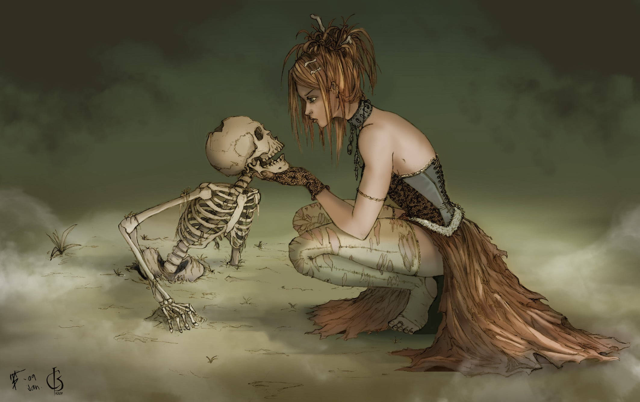 woman, skeleton, tattered clothing, Full HD Desktop Wallpaper
