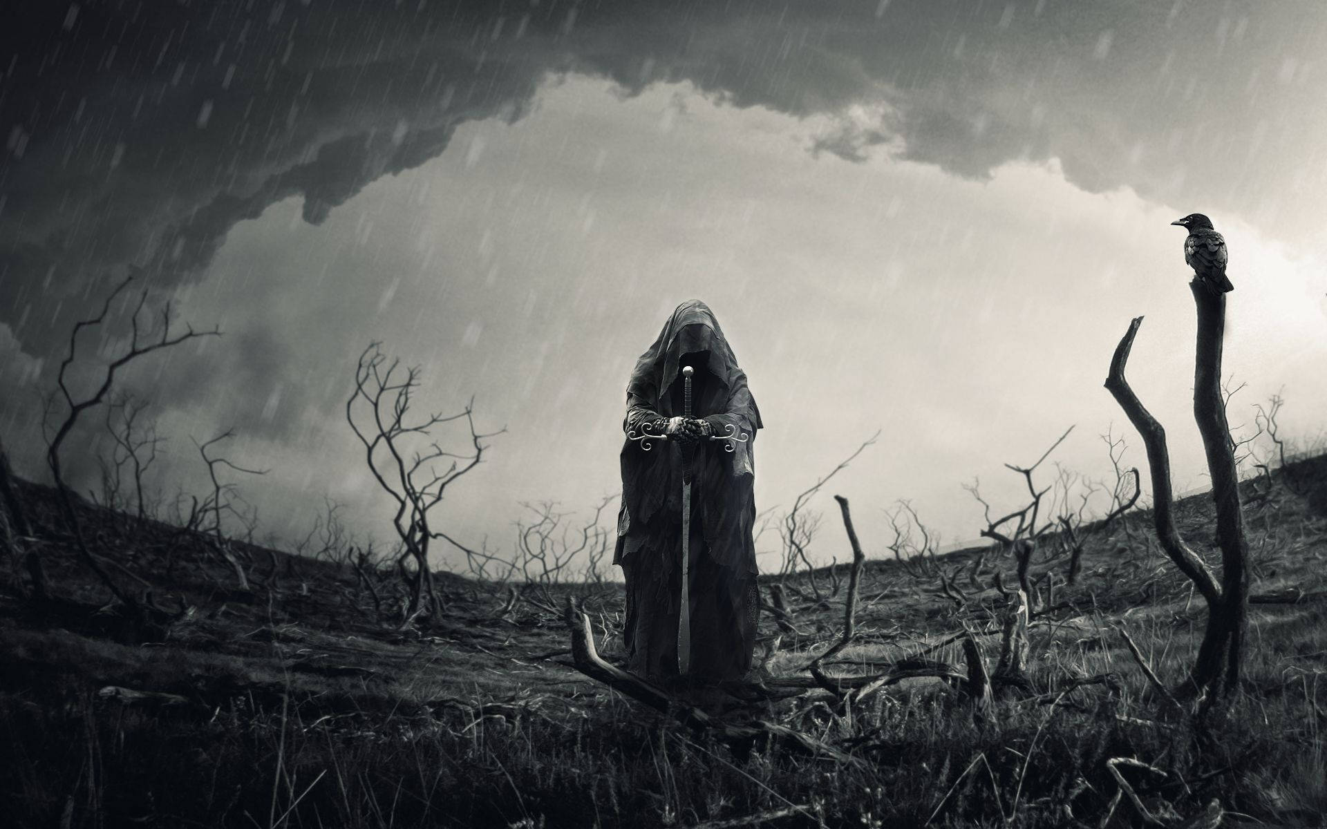 Death, hooded figure, sword, Full HD Desktop Wallpaper