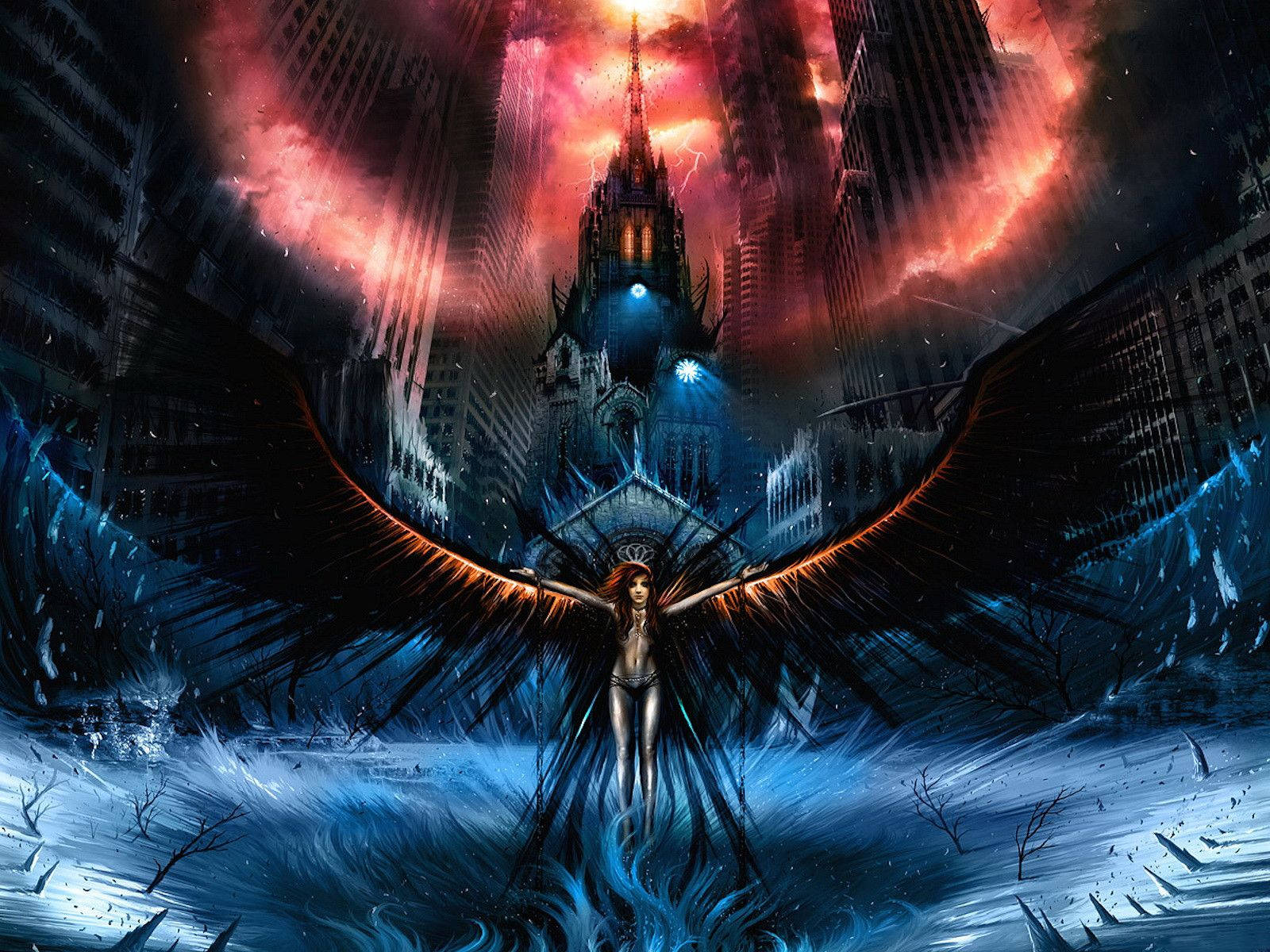 female angel of death, dark-winged angel, flooded cityscape, HD Desktop Wallpaper