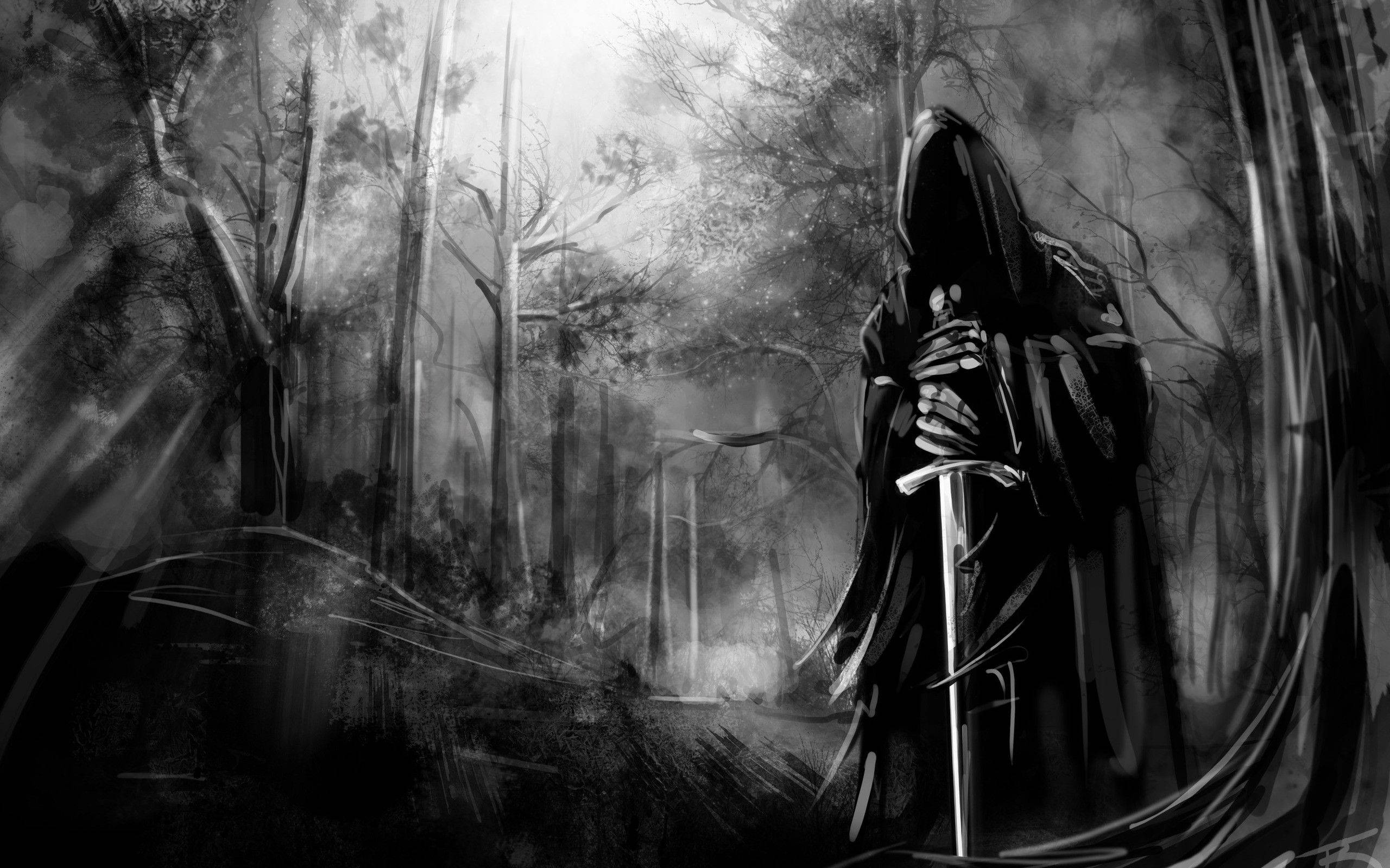Death Sword, forest, hooded figure, 2K Desktop Wallpaper