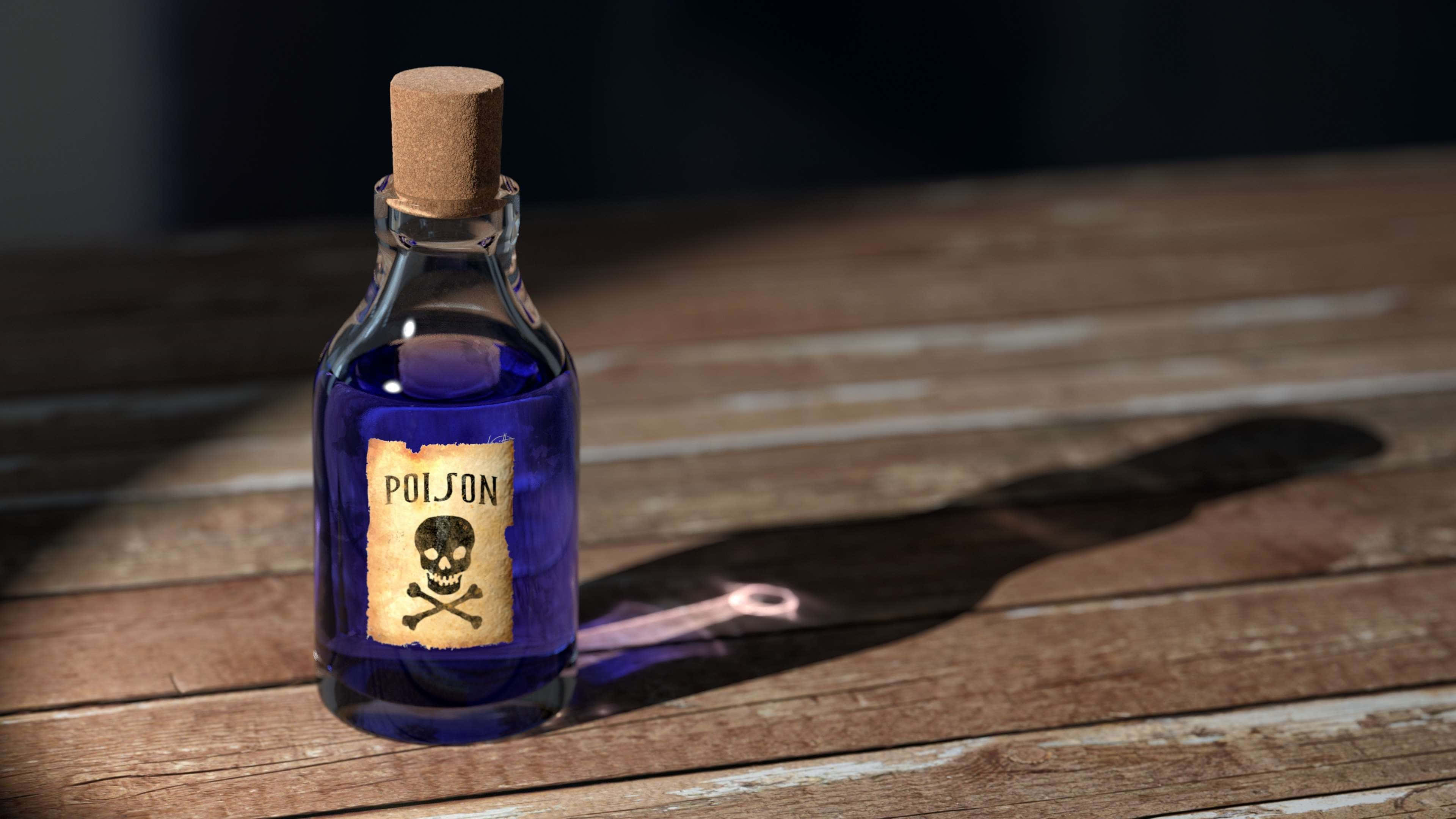 toxic, glowing blue poison, glass bottle, 4K Desktop Wallpaper
