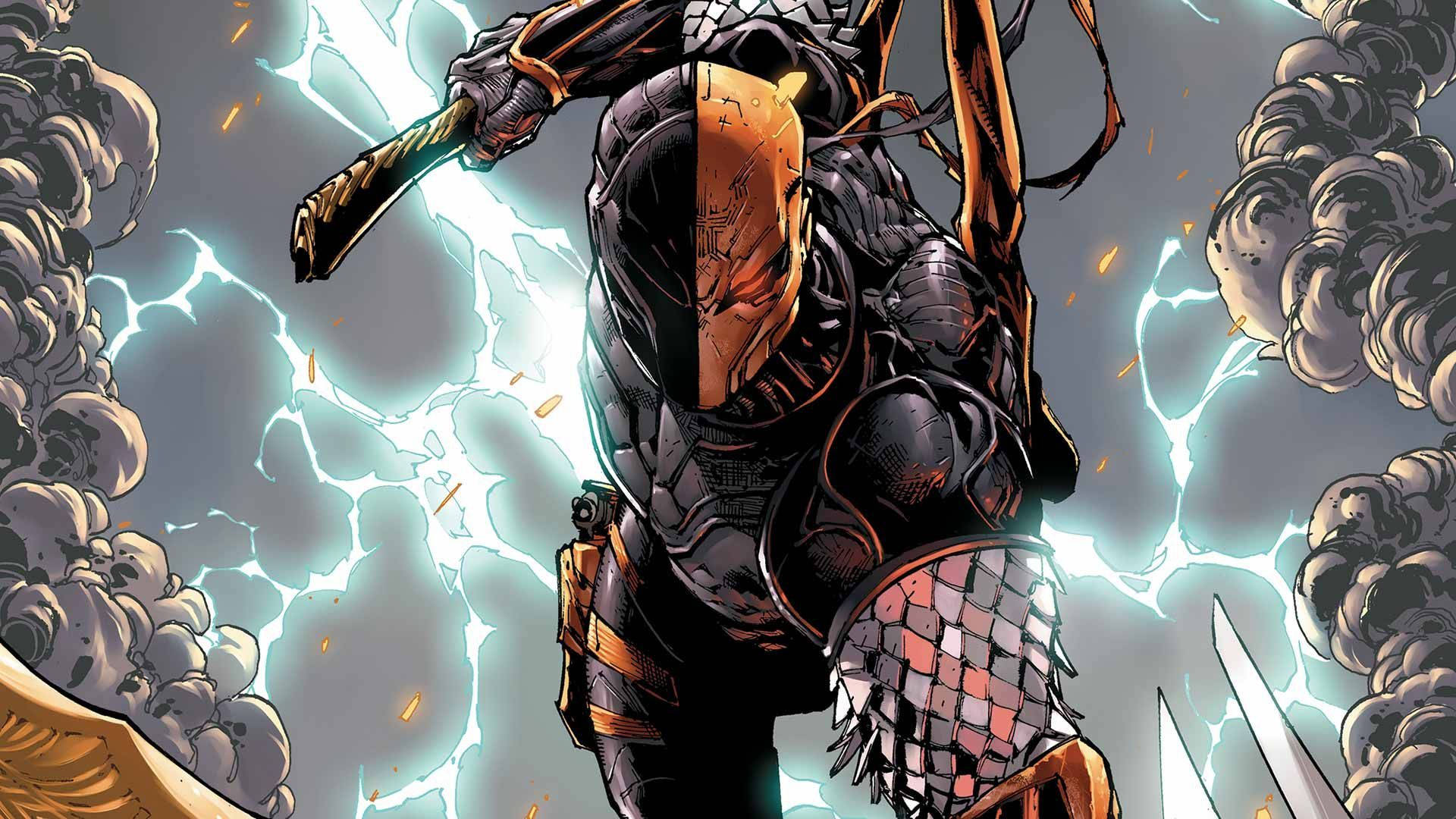 Deathstroke, black and orange armor, crackling lightning, Full HD Desktop Wallpaper