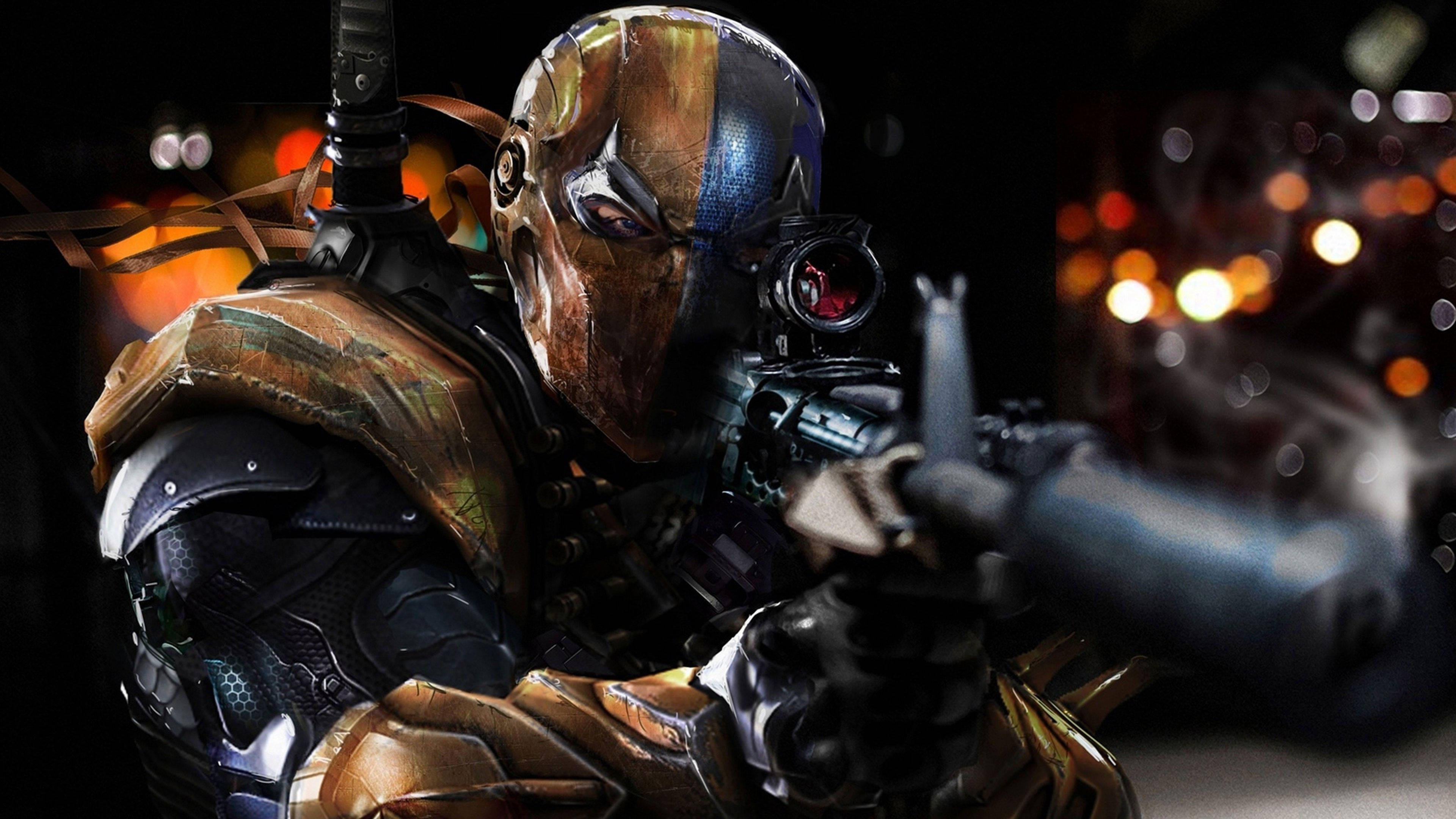 Deathstroke, gold and black armor, rifle with red scope, 4K Desktop Wallpaper