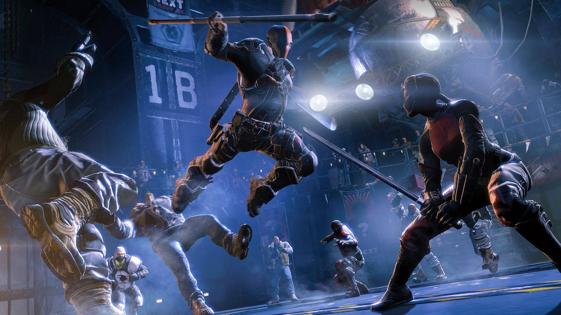 Deathstroke, neon-lit arena, staff, Full HD Desktop Wallpaper