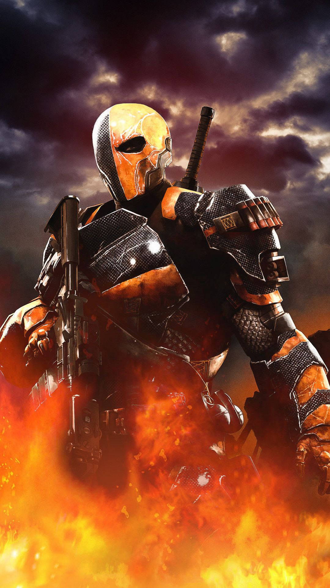 Deathstroke, black and orange armor, roaring flames, Full HD Phone Wallpaper