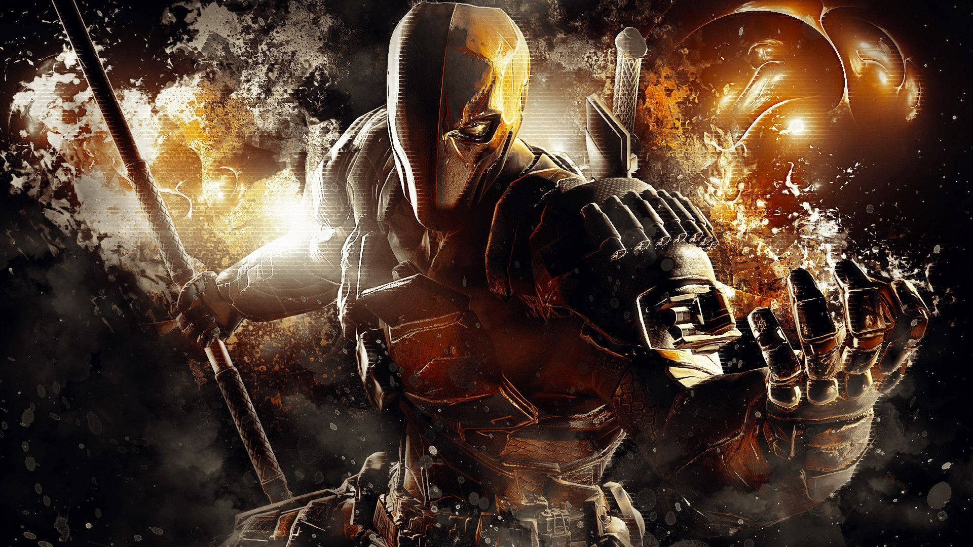 Deathstroke, golden armor, explosive orange and black chaos, Full HD Desktop Wallpaper