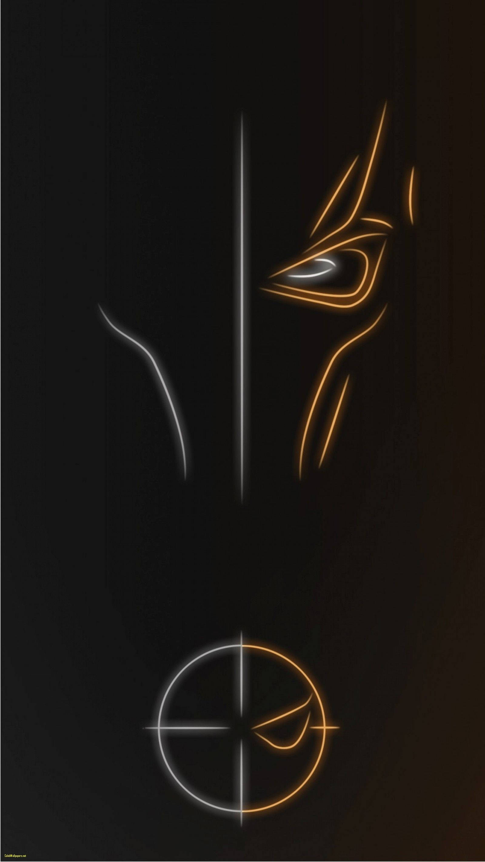 Deathstroke, glowing orange and white neon lines, black background, 2K Phone Wallpaper