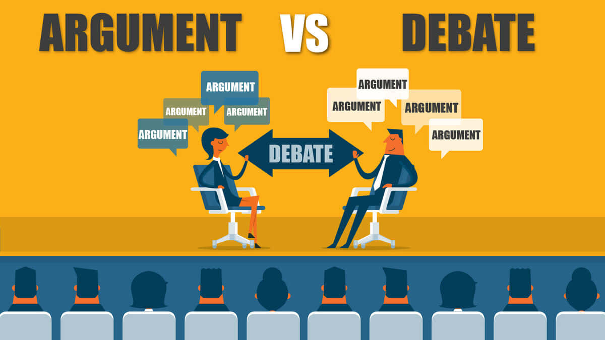 Argument Versus Debate Illustration, speech bubbles labeled argument, large debate sign, SD Desktop Wallpaper