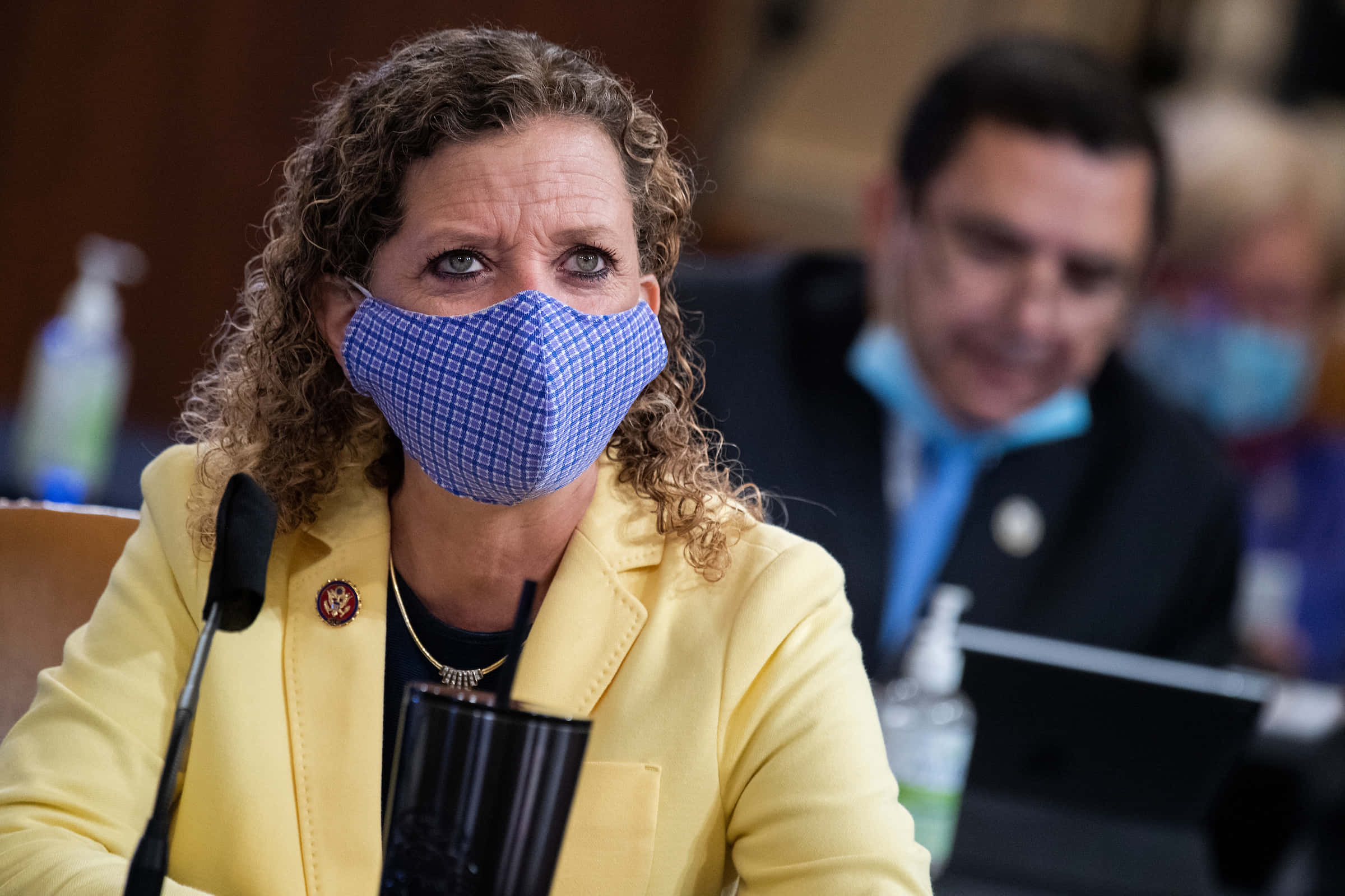Debbie Wasserman Schultz, blue checkered mask, yellow blazer, Full HD Desktop Wallpaper
