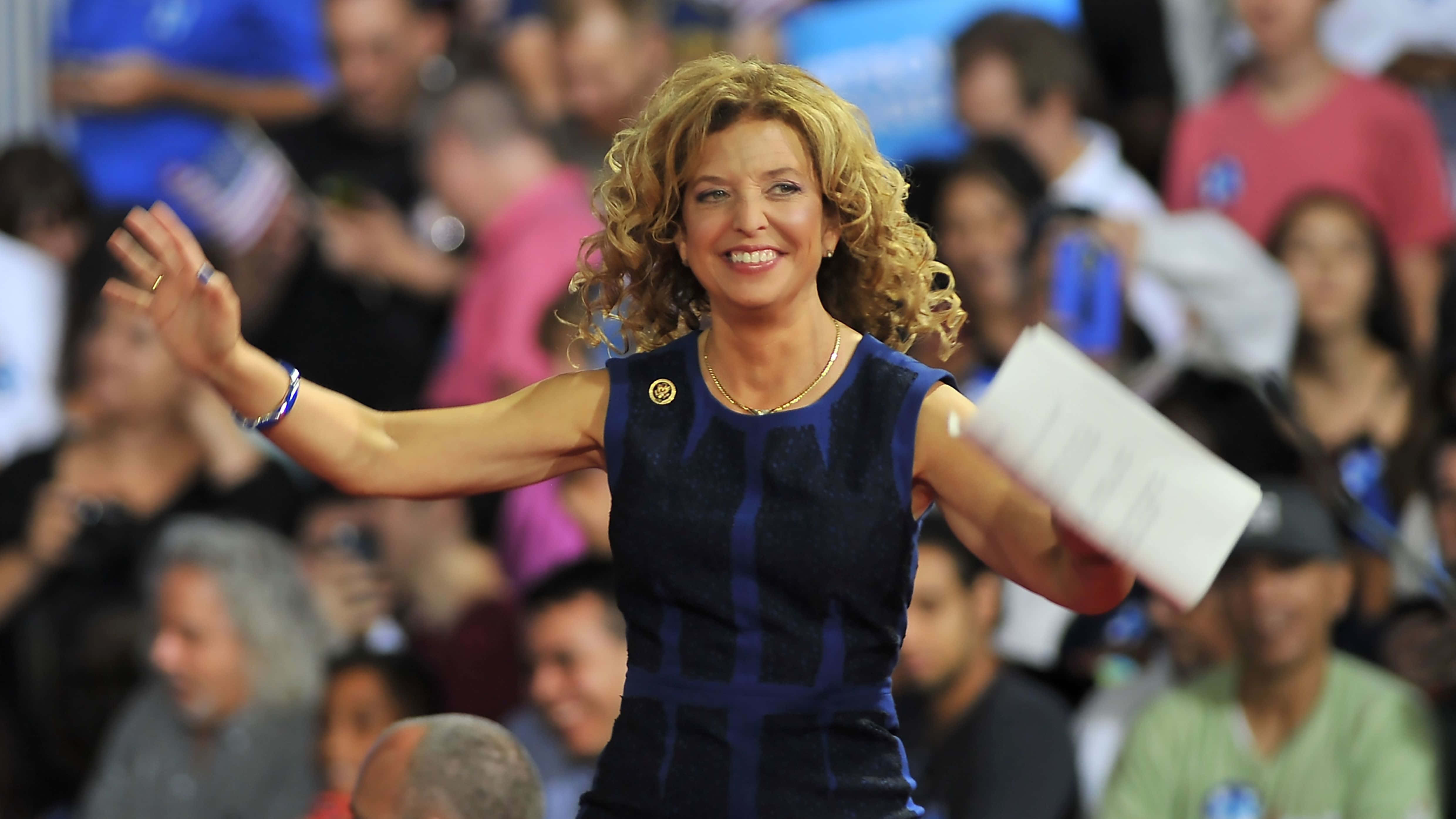 Debbie Wasserman Schultz, blue patterned dress, curly blonde hair, 4K Desktop Wallpaper