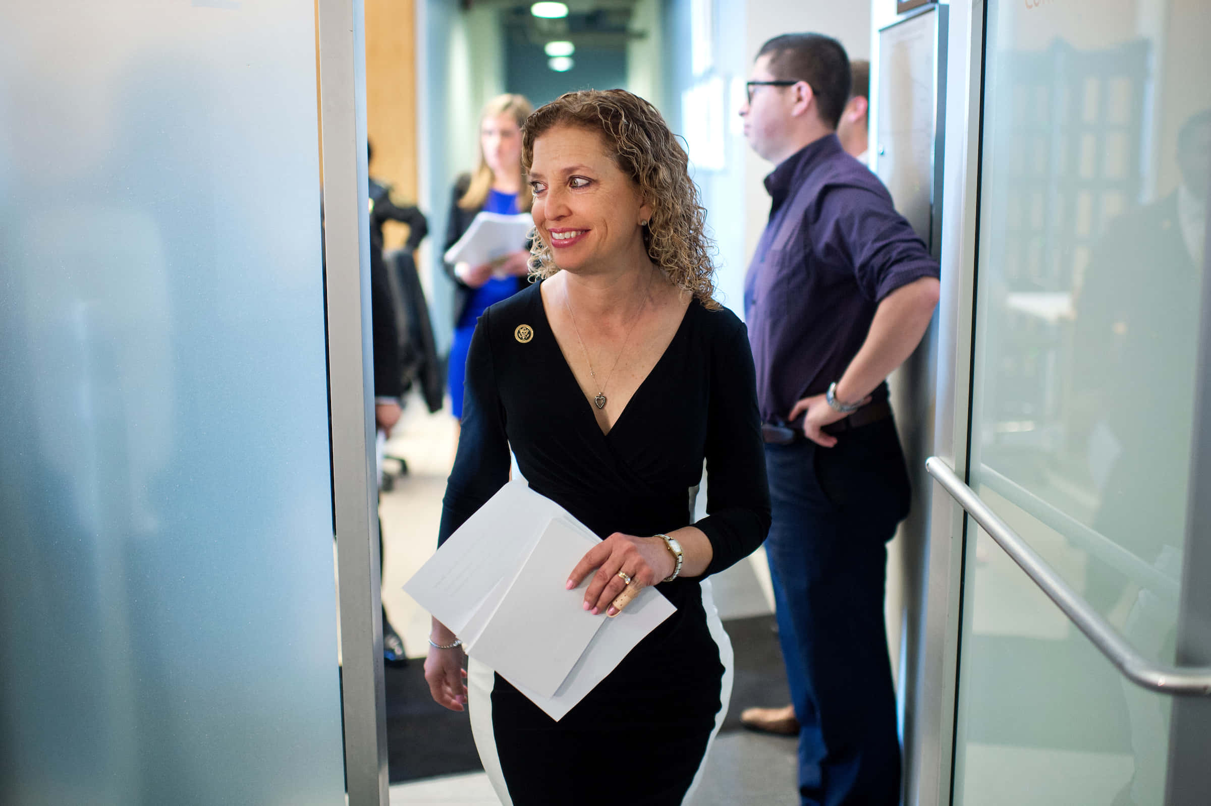 Debbie Wasserman Schultz, black dress, modern office hallway, Full HD Desktop Wallpaper