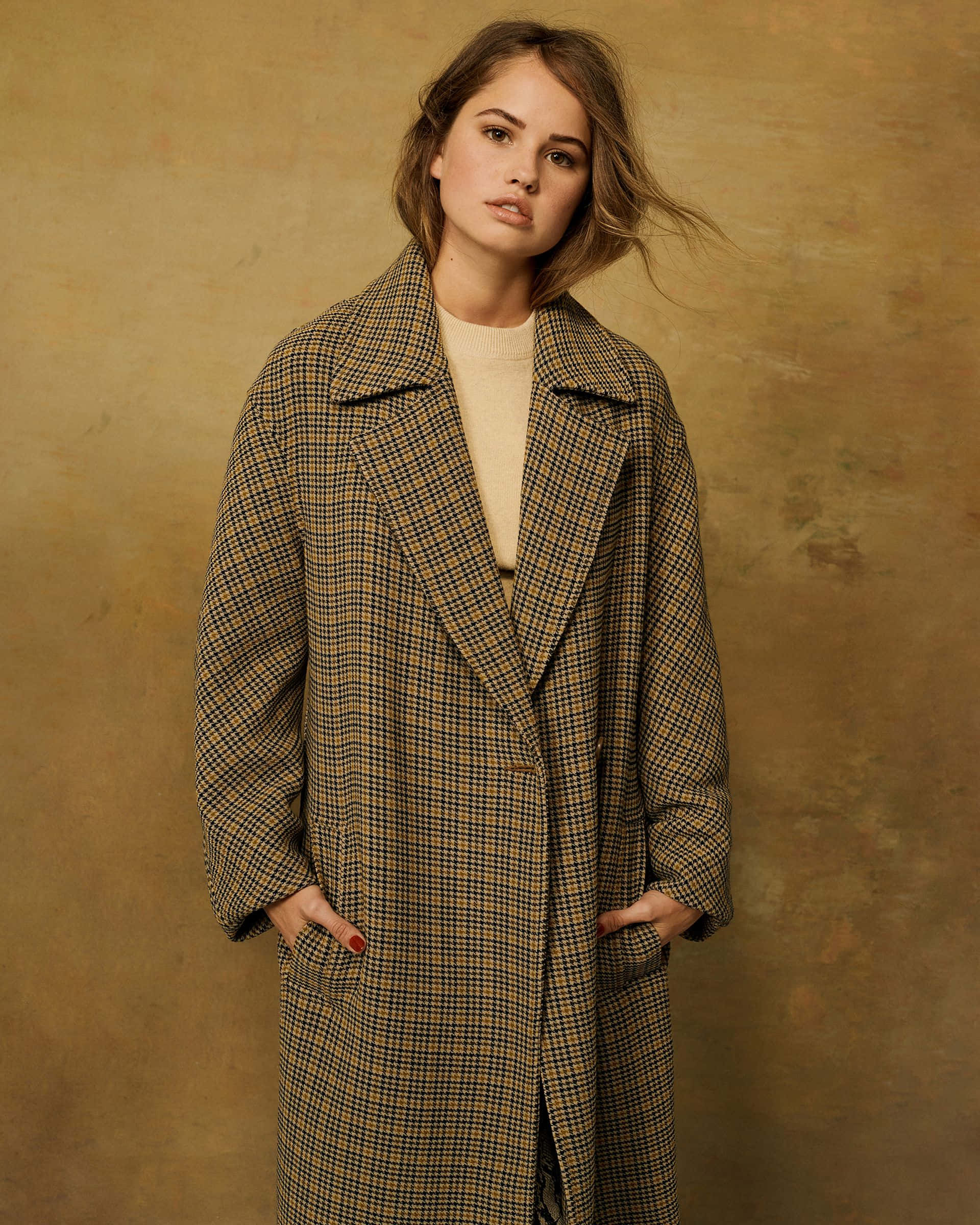 Debby Ryan, plaid wool coat, golden-brown studio backdrop, Full HD Phone Wallpaper