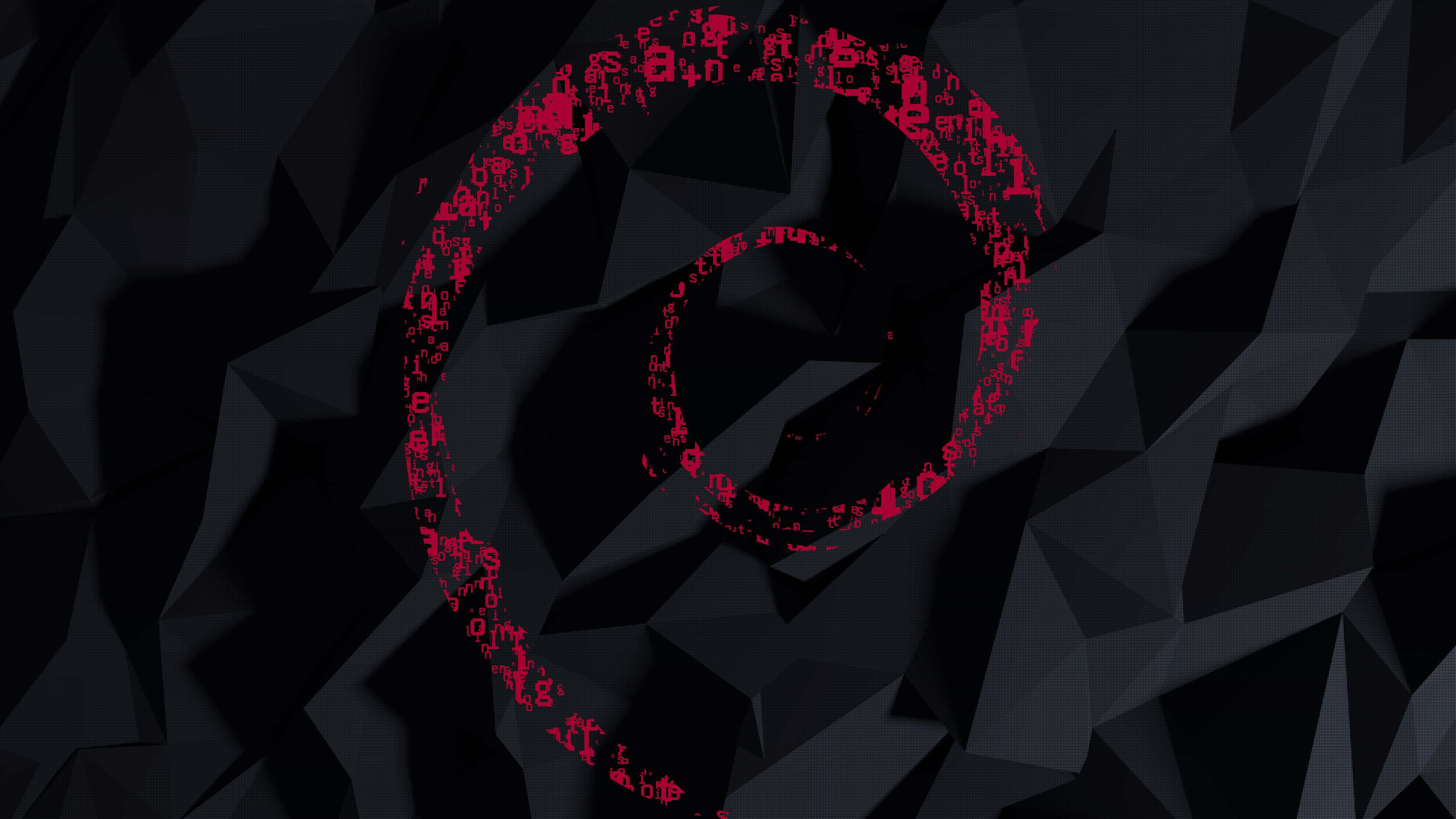 Debian, glowing red spiral, fragmented code, 4K Desktop Wallpaper