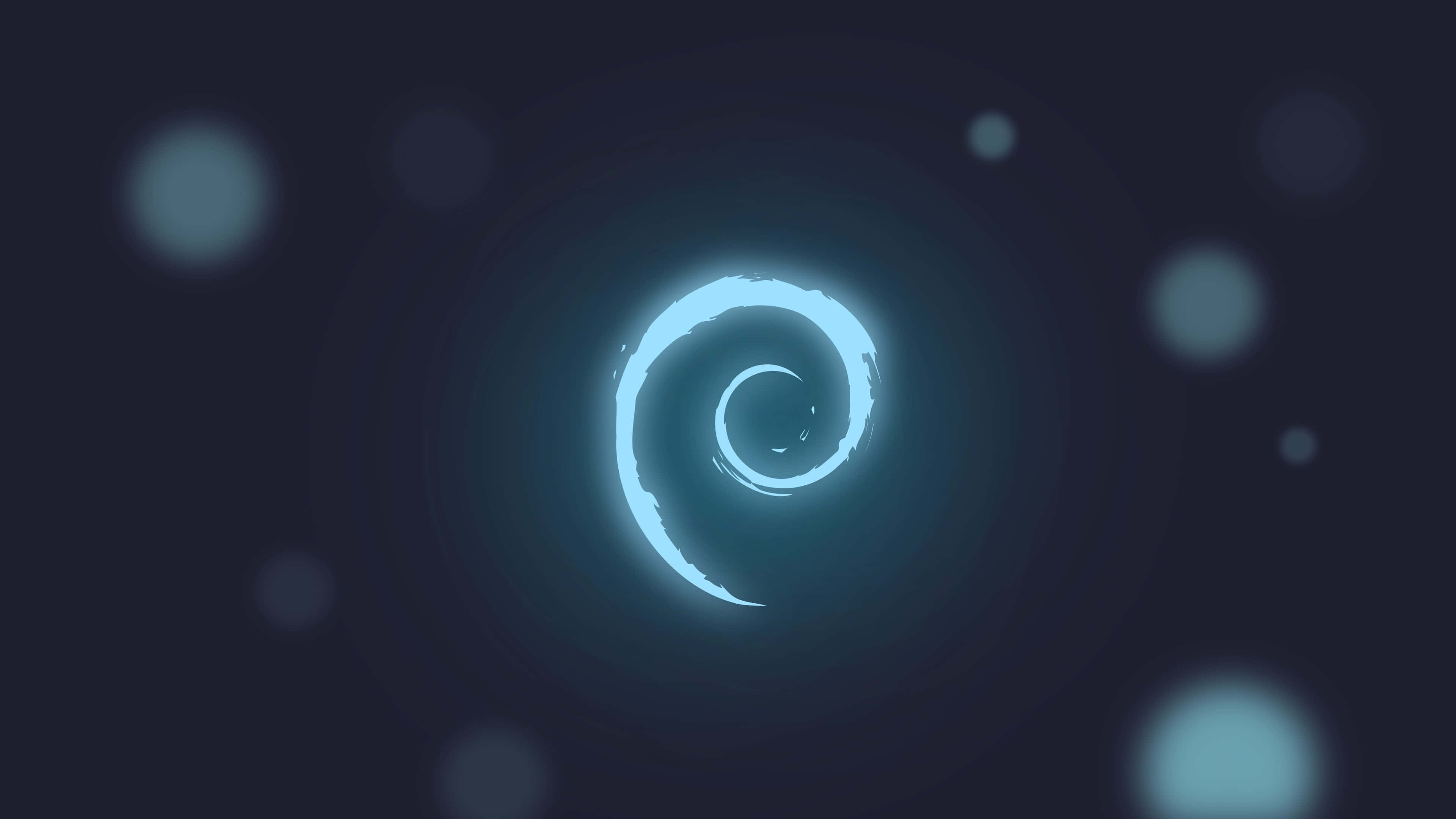 Debian, glowing cyan spiral, dark background, 4K Desktop Wallpaper